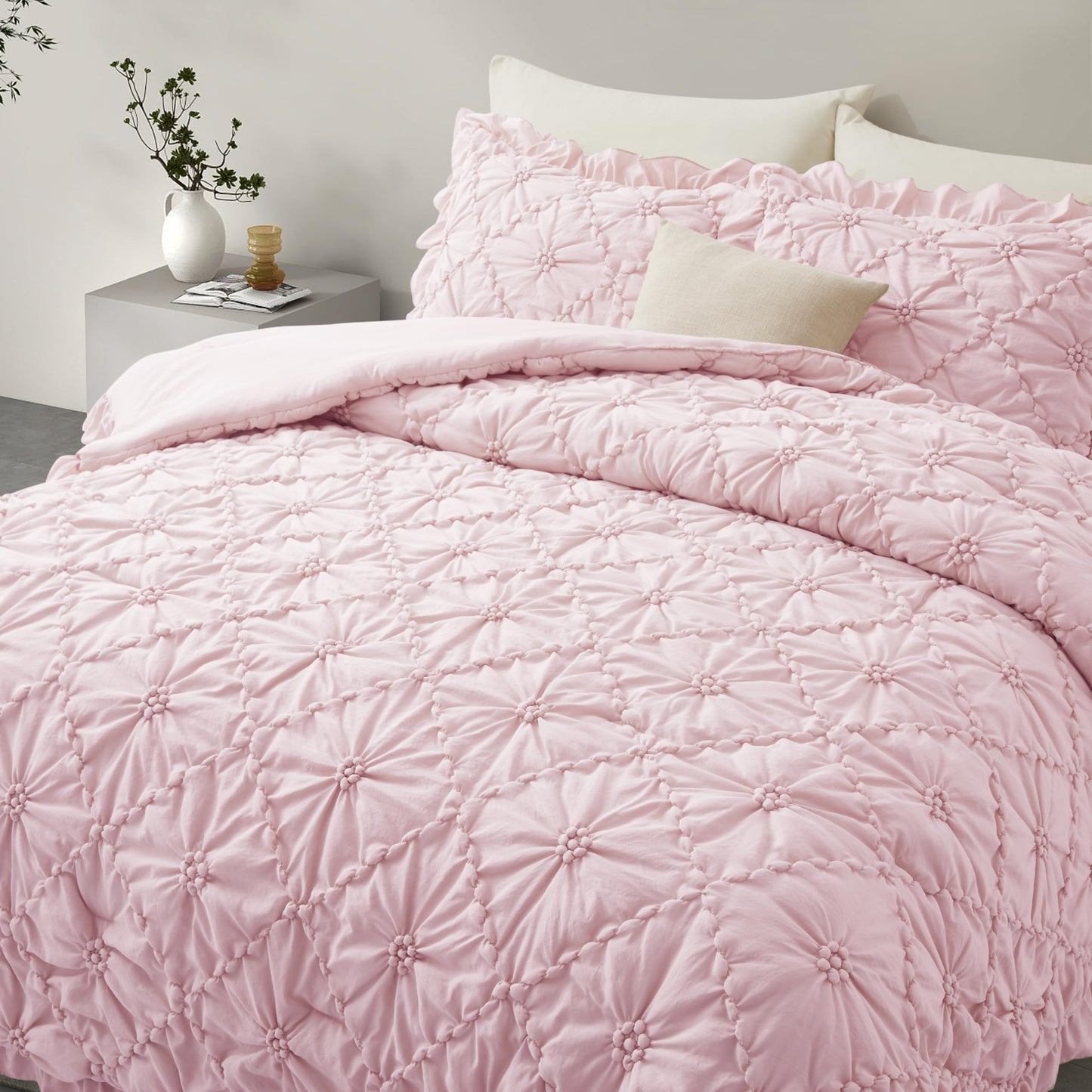 BEDAZZLED King Size Comforter Sets, Pink Bedding Comforter Set, 3 Pieces Pinch Pleat Bedding Sets with Comforter and Pillowcases Soft Farmhouse Shabby Chic Comforter for All Seasons