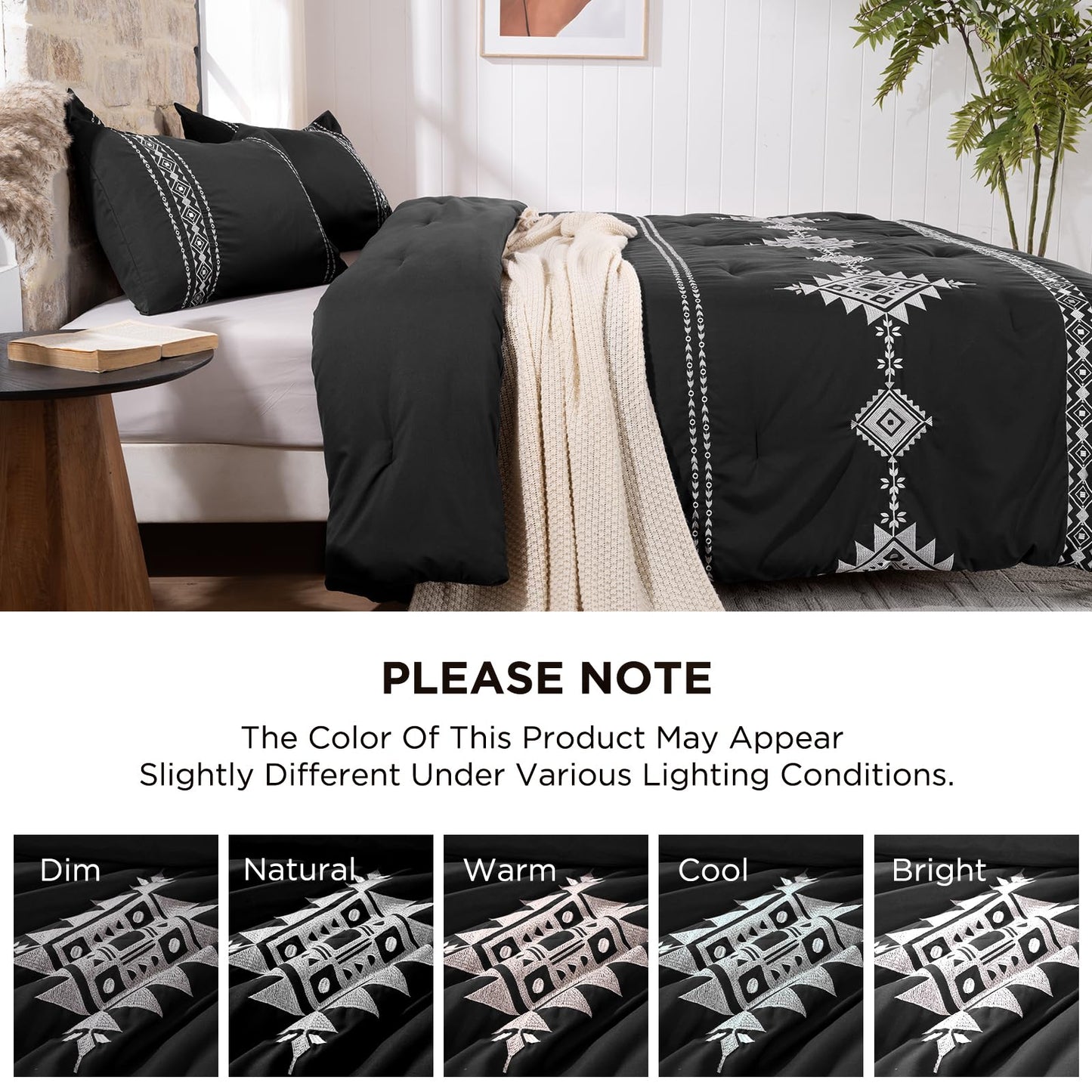 Baskbed Black Boho Embroidered Comforter Set Queen, 3 Piece Western Shabby Chic Bedding, Ultra Soft Fluffy Microfiber Comforter with 2 Pillowcases, All Season & Oeko-TEX Certified