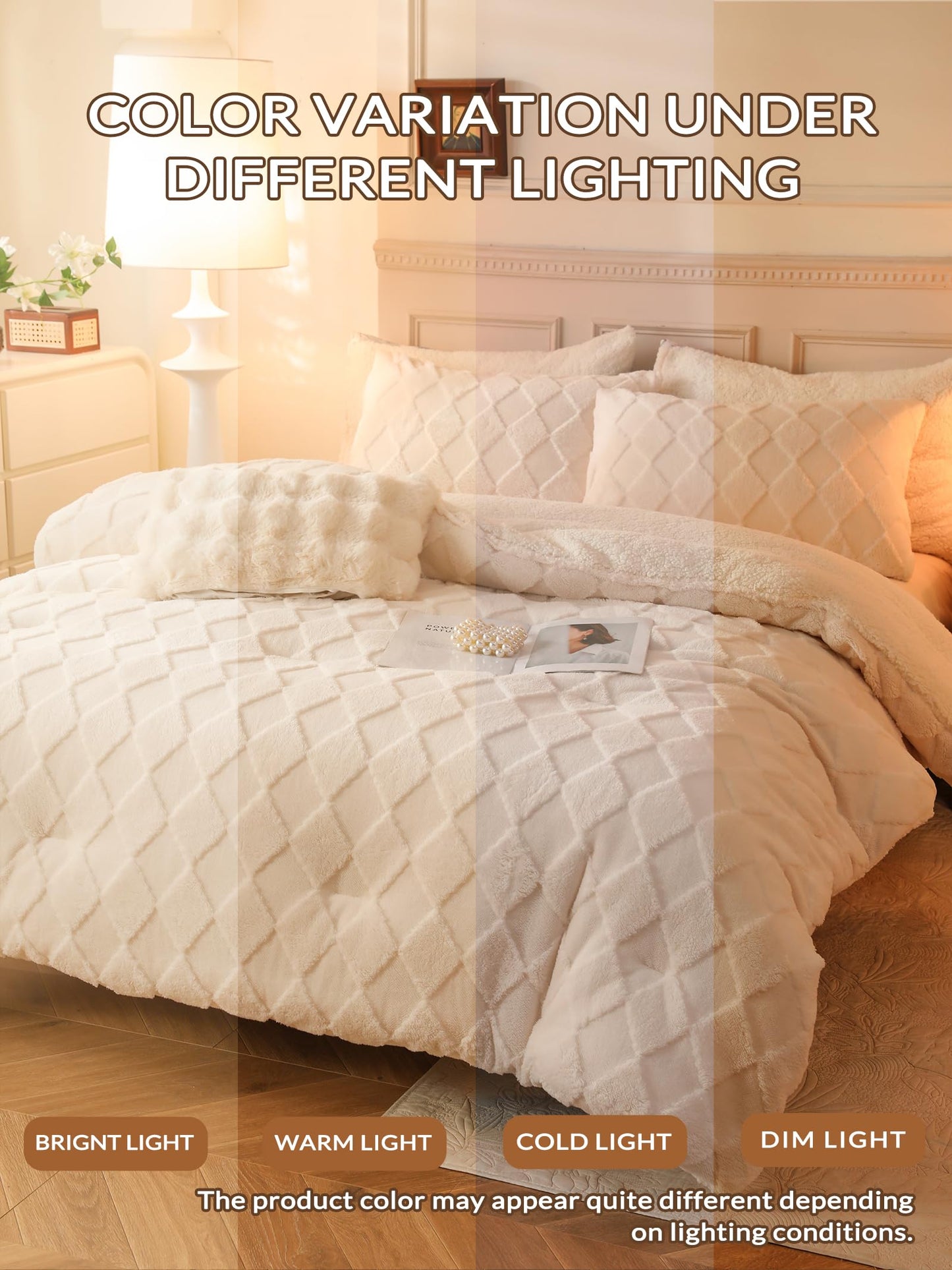 hadamick Tufted Fleece Comforter Set King - Super Soft Warm Fluffy Shaggy Bedding Sets, Diamond Plaid Jacquard Bed Set for Winter, 1 Sherpa Comforter with 2 Pillow Cases (104"X90" Ivory White)