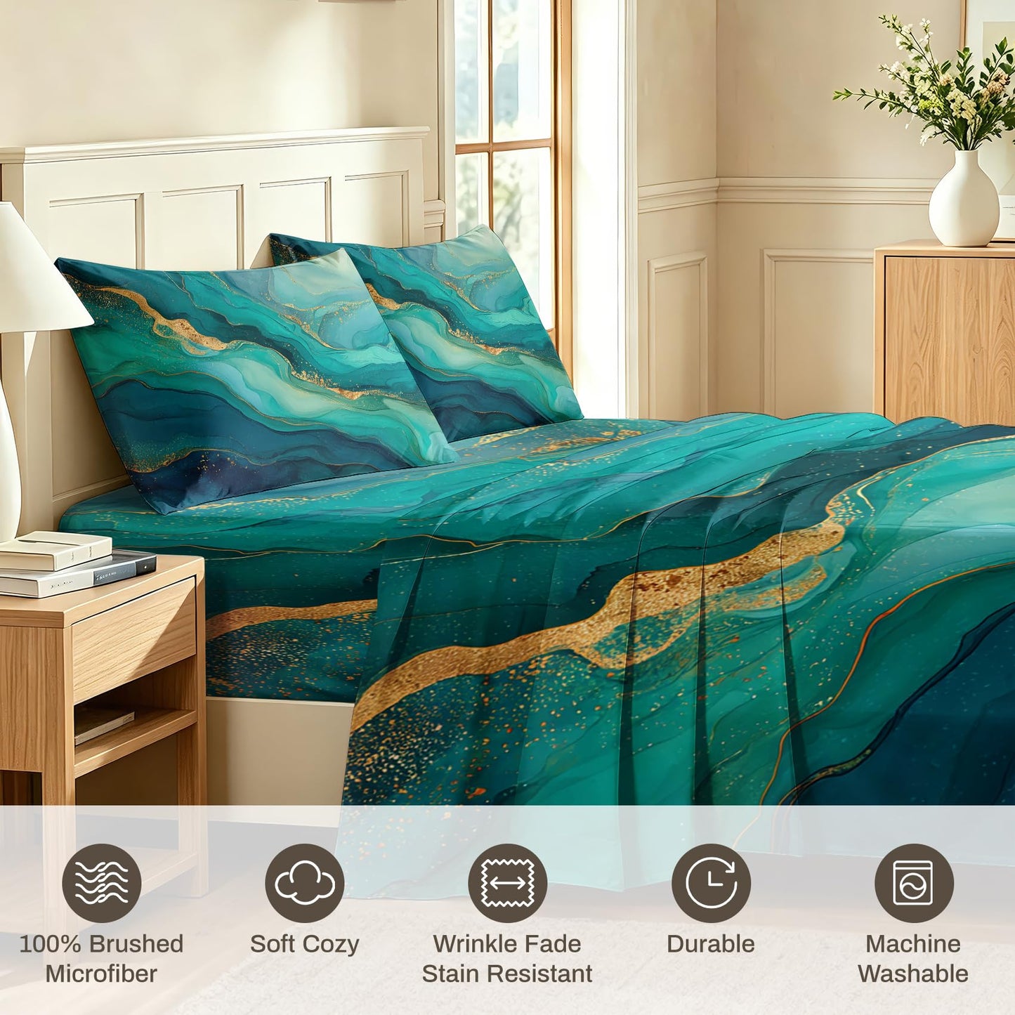 Green Marble Full Bedding Set Modern Abstract Sheet Sets, Gold Green