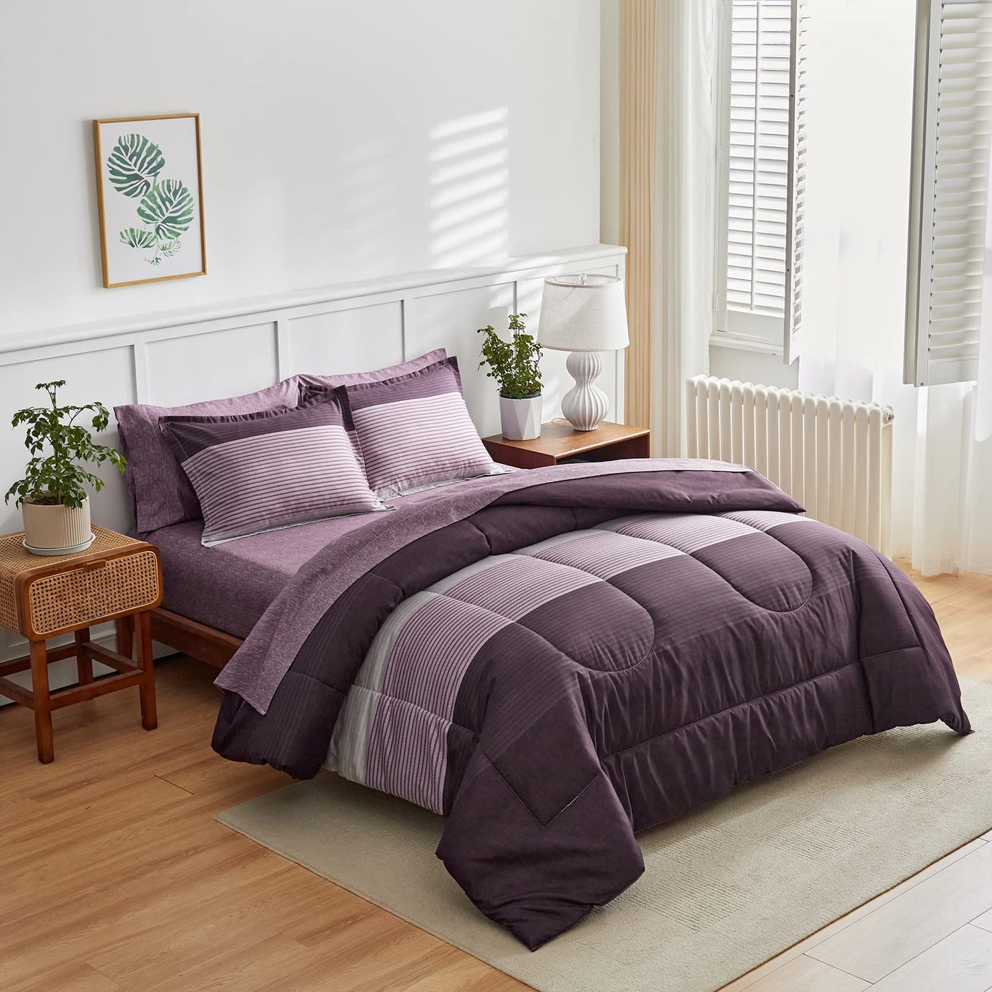 Flysheep Ombre Striped Bed in a Bag 7 Pieces Queen Size, Purple and Grey Stripes Comforter Sheet Set (1 Comforter, 1 Flat Sheet, 1 Fitted Sheet, 2 Pillow Shams, 2 Pillowcases)