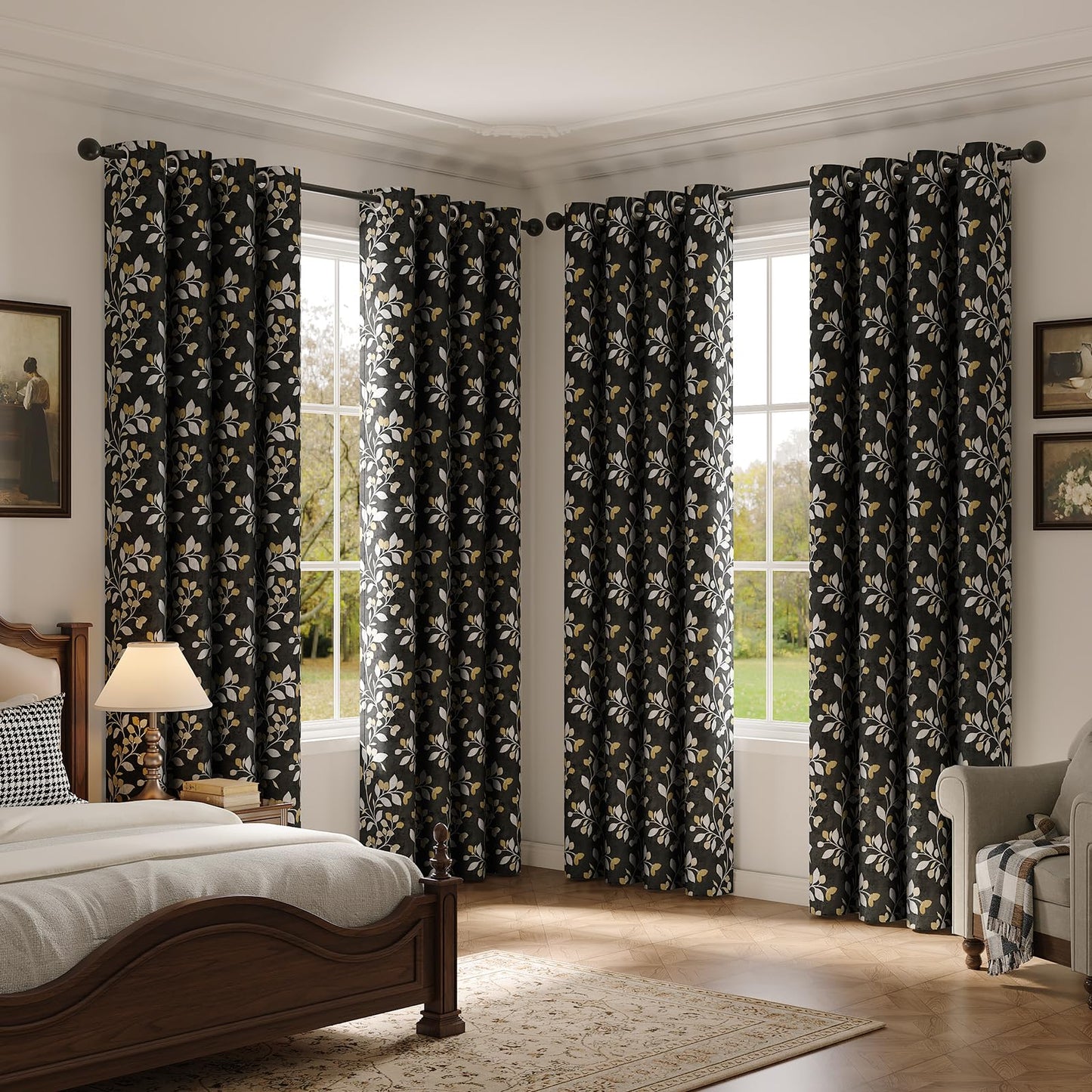 MIMUNULUX Vintage Floral Vine Leaf Print Blackout Grommet Curtains 84 Inch 2 Panels for Bedroom Living Room Improve Sleep Quality Protect Privacy Darkening Drapes Farmhouse (52" W x 84" L) Black