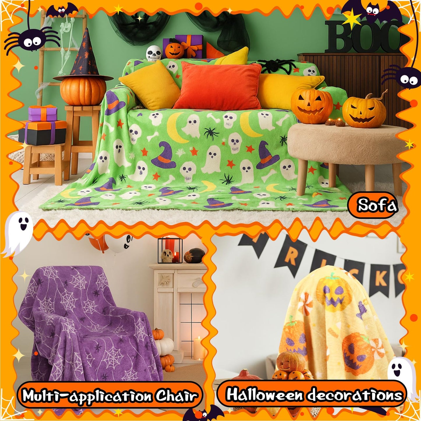Fanfanwin 4 Pack Halloween Throw Blankets Pumpkin Spider Web Bone Eyes Wizard Hat Moon Soft Flannel Fuzzy Blankets Halloween Cozy Gifts Picnic Home Decor for Sofa Chairs Living Bedroom, 50 x 60 Inch