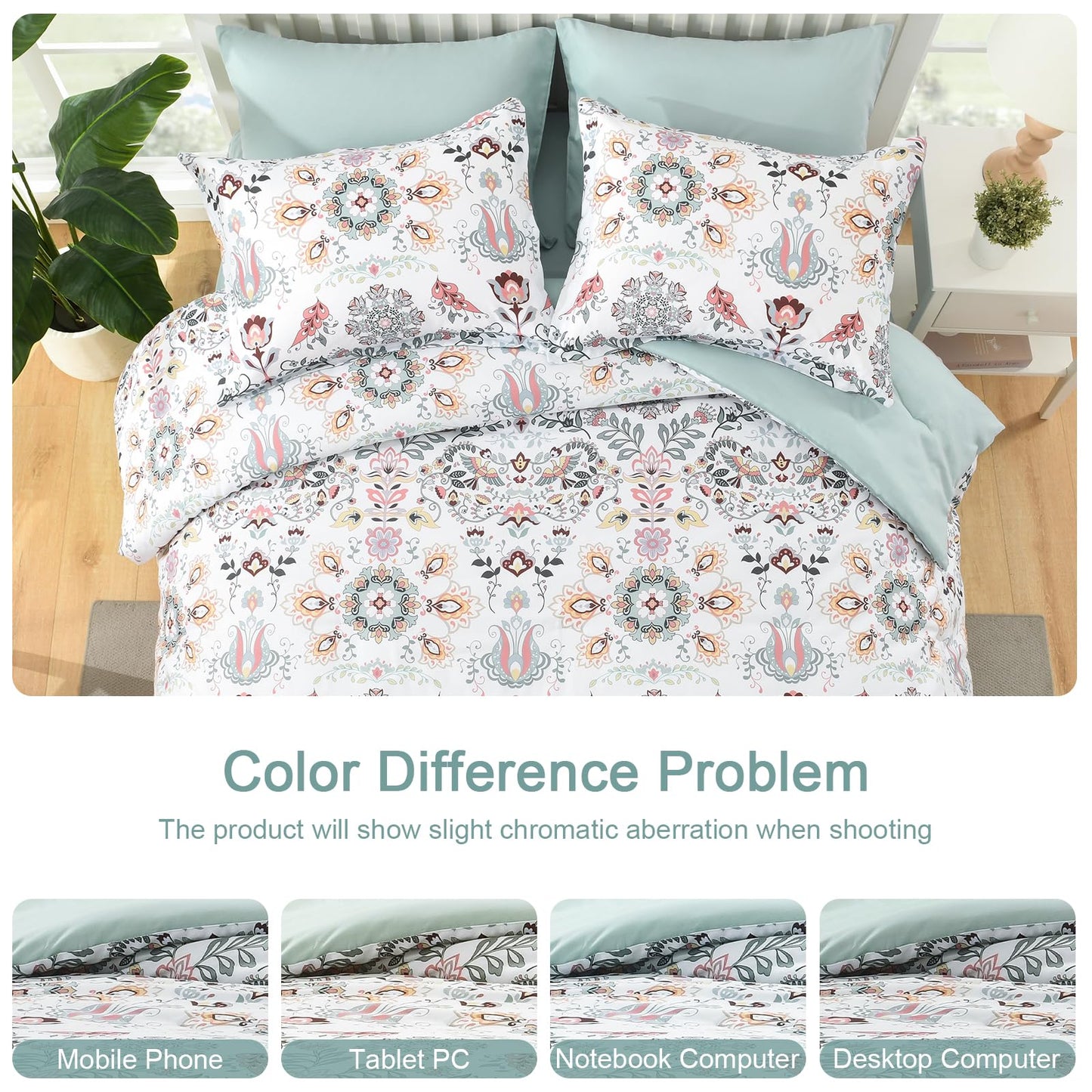 Boho Comforter Set Queen - 7 Pieces Bed in a Bag Floral Design, Bohemian Comforter Set with Sheets, Soft Microfiber Complete Bedding Sets All Season (Light Green, Queen)