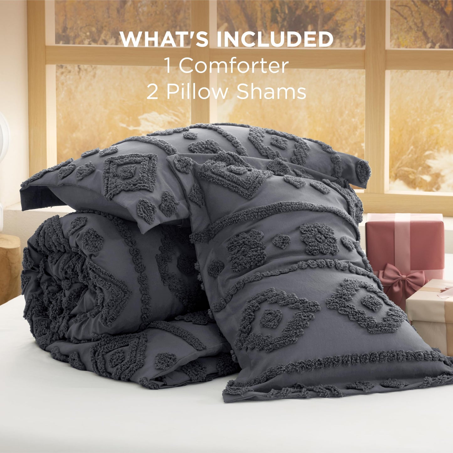 Bedsure Boho Tufted Grey Comforter King Size, GentleSoft™ 3 Pieces Boho Farmhouse-Style Decor Bedding, Exquisite Bedding for All Seasons, 1 Bed Comforter, 2 Pillow Shams, 104x90 Inches