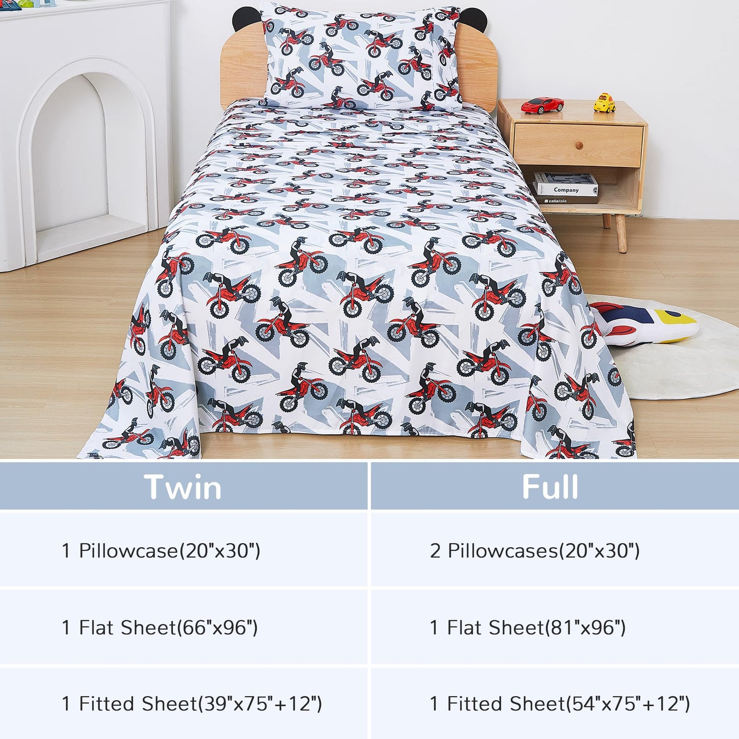 Viviland 3 Pieces Boys Grey Twin Sheet Set - Soft Microfiber Fitted Flat Sheets & Pillowcase - Red Motorcycle Print Bedding Sets - for Kids & Toddlers