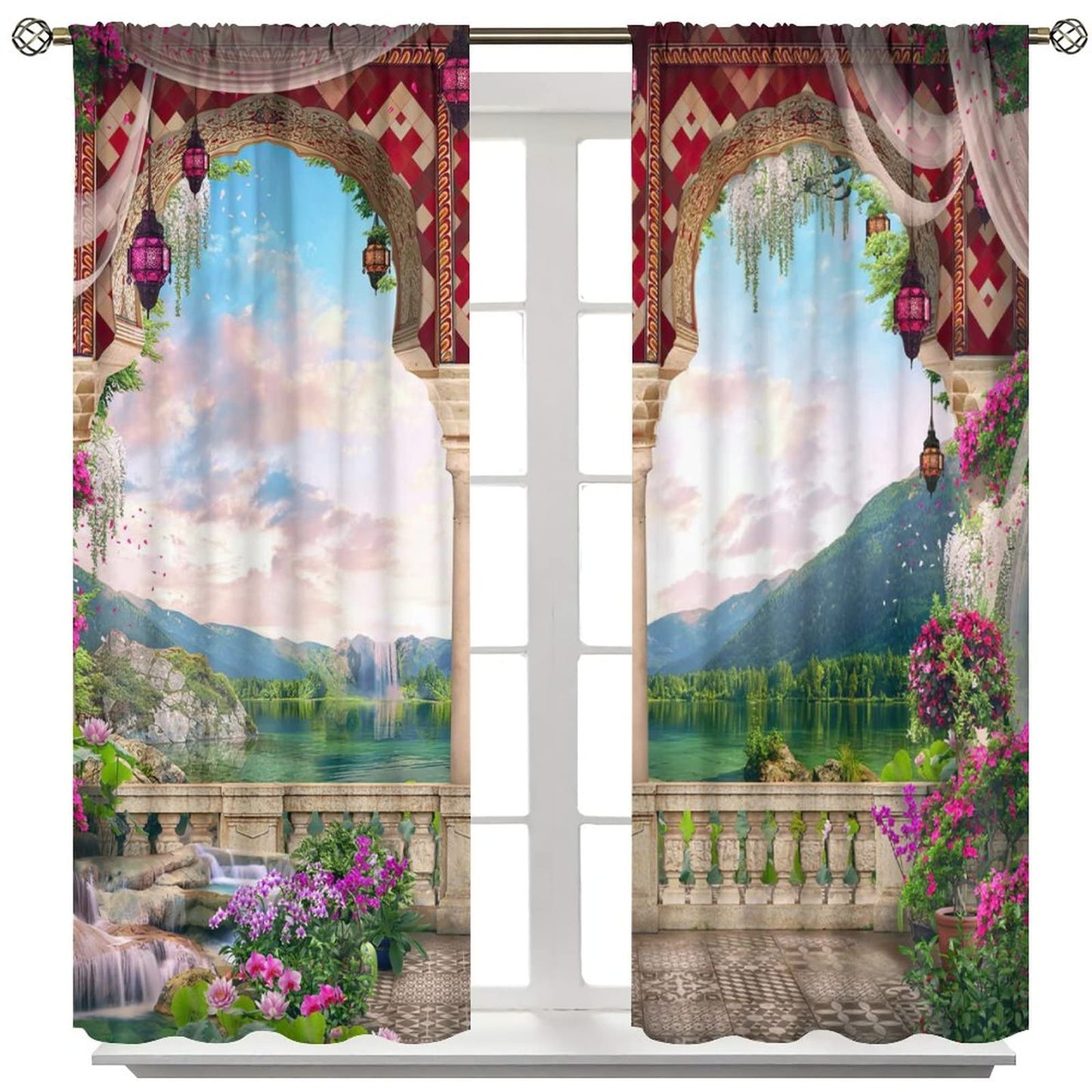 Italian Natural Scenery Curtains,Beautiful Mountain Lake Stone Arch View Room Darkening Thermal Insulated Window Curtain for Living Room Bedroom Decor W42xL45in