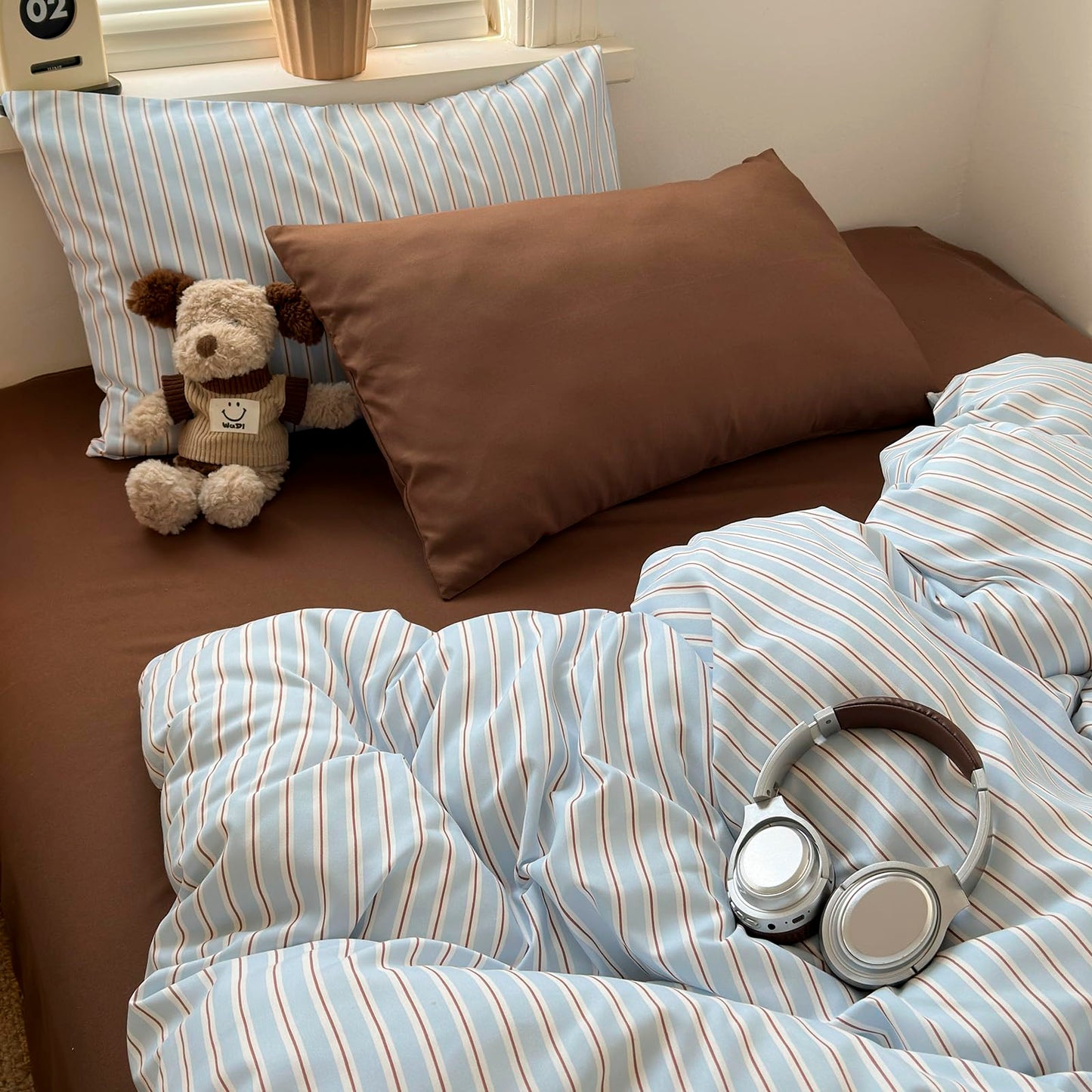 VM VOUGEMARKET Blue Brown Striped Duvet Cover Set Queen Size,Casual Stripe Bedding Set for Teens,Soft Microfiber Comforter Cover for Modern Bedroom,90"x90"