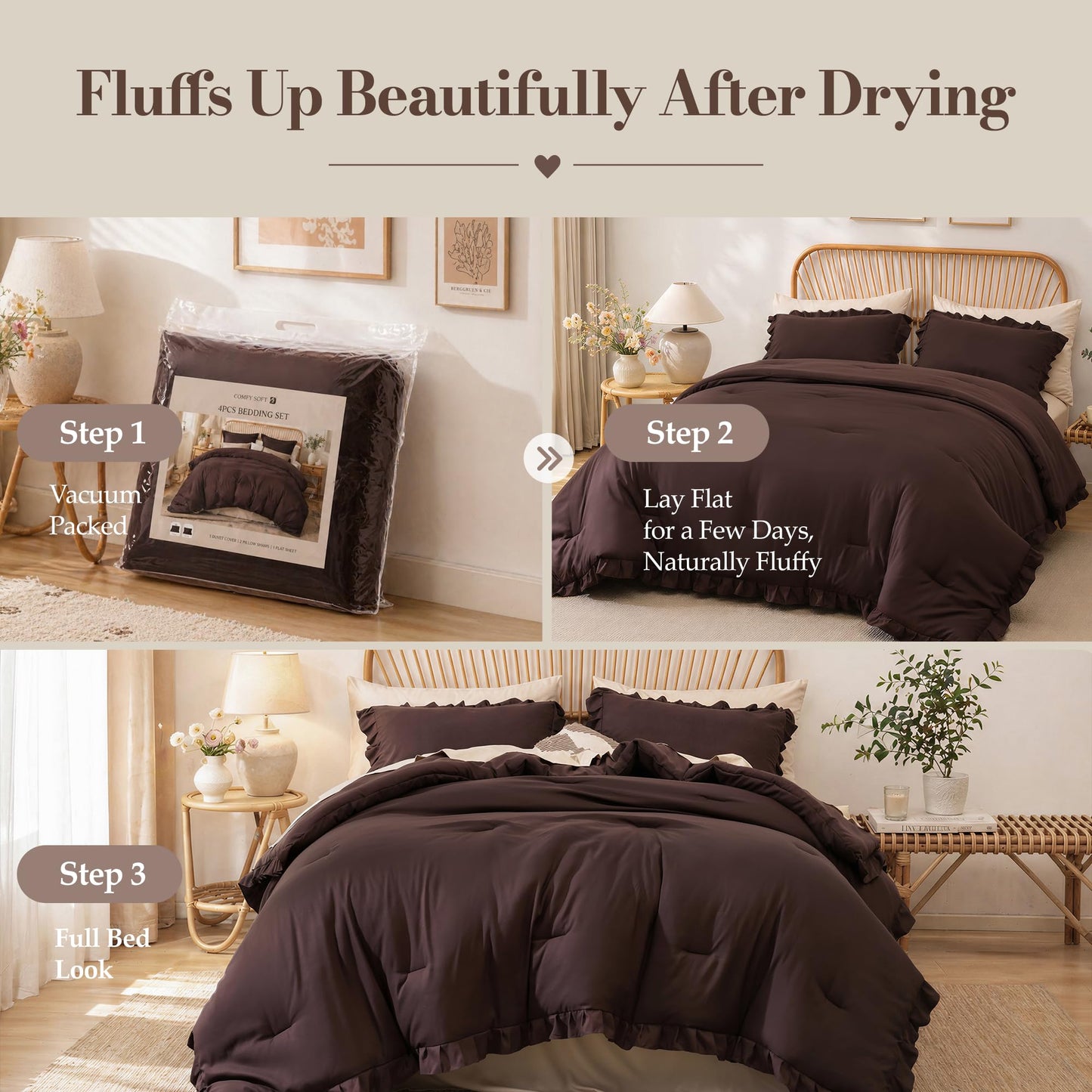 JANZAA Brown Comforter Set Queen – Soft Microfiber, Lightweight All Season Bedding, Ruffle Shabby Chic Aesthetic, Breathable Cozy Bed Set with 2 Pillow Shams, Machine Washable