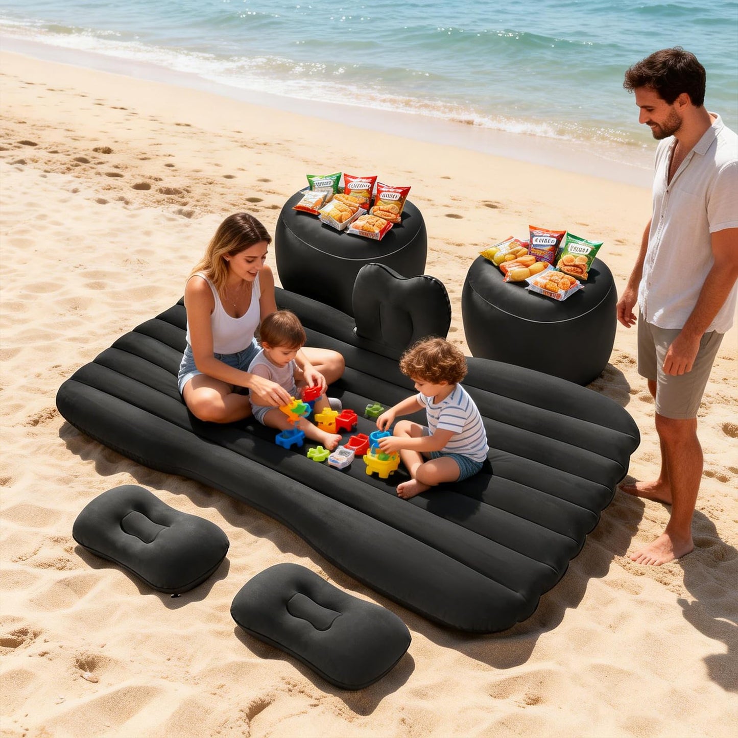 BEBAS Car Air Mattress, Thickened Inflatable Car Bed with Safety Side Wedge, Built-in Air Pump & 4 Pillows โ Portable Foldable Back Seat Sleeping Pad for SUVs, Sedans, Travel & Camping | Black