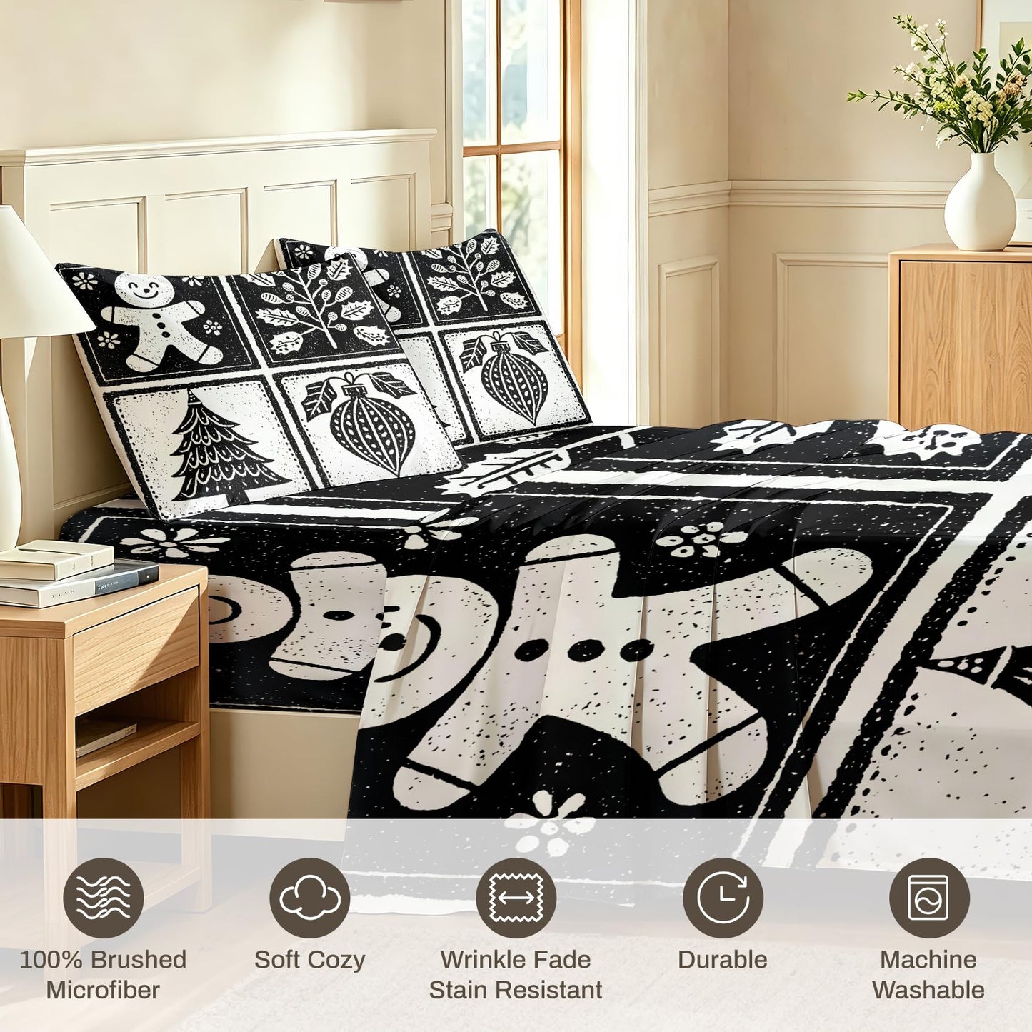 Gingerbread Man Sheet Set, 3 Pcs Twin XL Size Christmas Bed Sheets, White