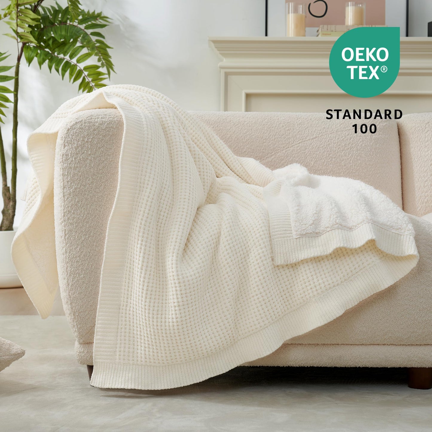 Amélie Home Reversible Waffle Weave Throw Blanket, Chenille Knit with Warm Sherpa, Soft Cozy Blanket for Couch, 50"x60", Ivory