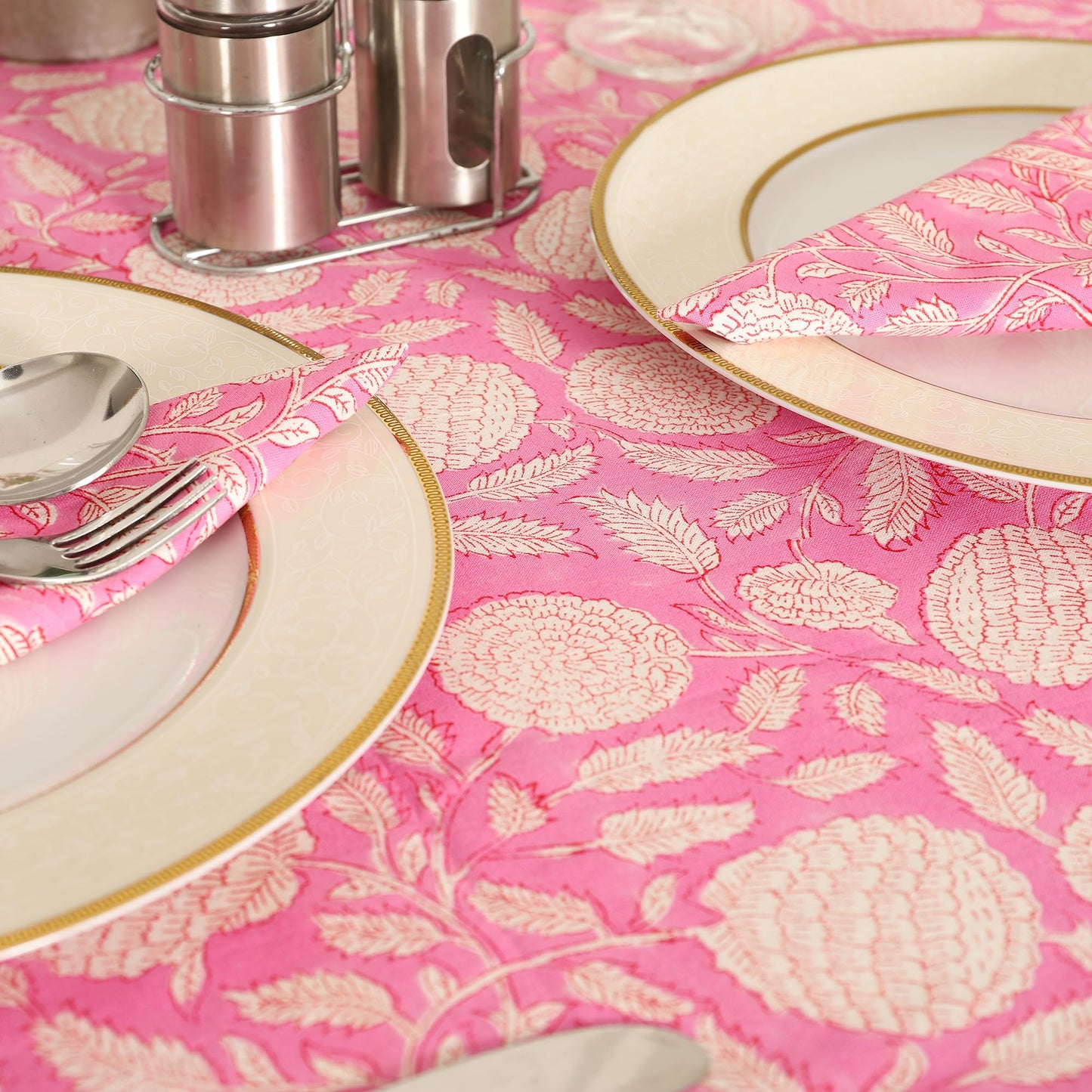 Labhanshi Indian Handblock Print Pre-Washed Cotton Floral 60x90 Inch Rectangle 6-Seater Tablecloth|Rustic Farmhouse Decorative Party Event Wedding Mother's Day Festive Holiday Decor|Hot Pink