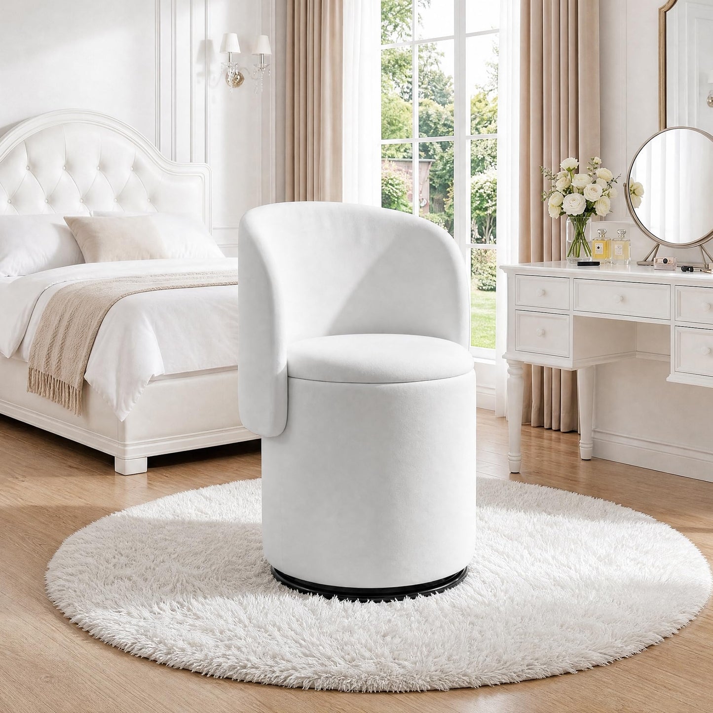WOCFYK Makeup Vanity Chair with 360 Degree Swivel and Hidden Storage, Upholstered Barrel Accent Chair with Back, Matching Cat Bed Stool for Bedroom, Vanity Room, Living Room, White Velvet