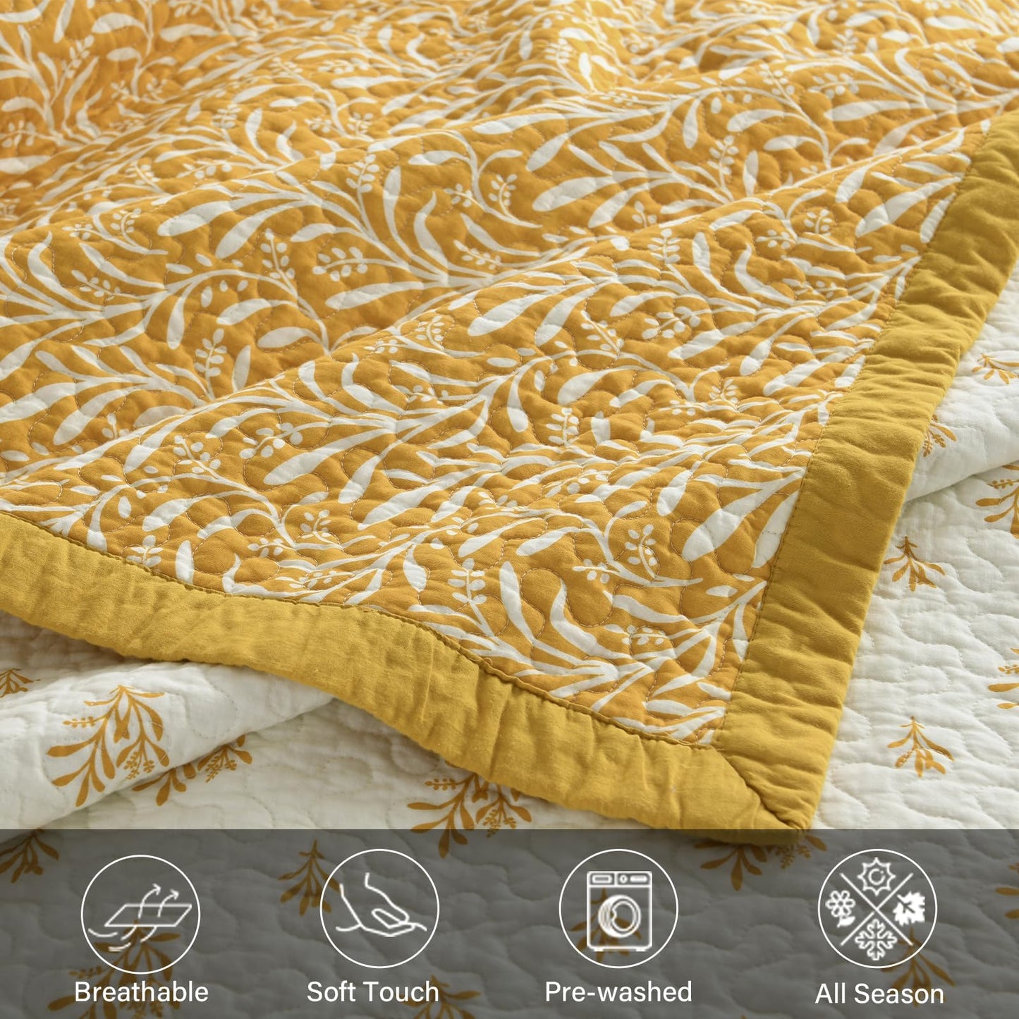 Finlonte Cotton Quilts Queen Size - 100% Cotton Queen Comforter Set, Botanical Quilt Bedding Set, Lightweight Reversible Soft Quilted Bedspread for Queen Bed, Gold/White, All Season, 3 Pcs