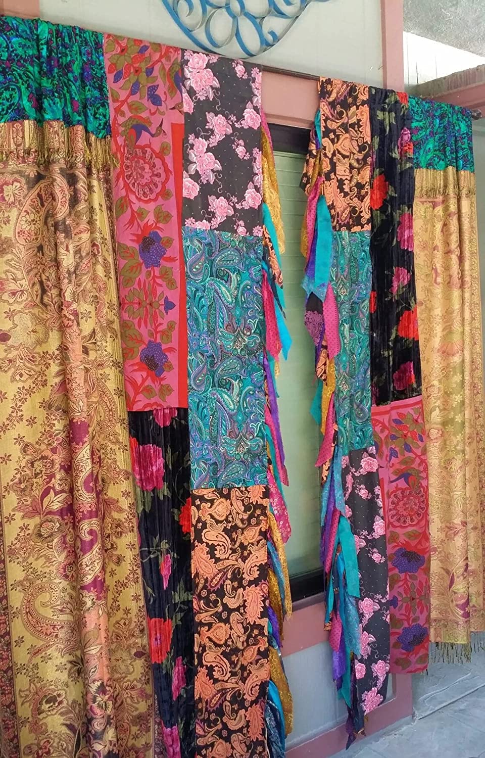 EthinicCraftHub® 2 PCS Indian Silk Saree Curtain Window Treatments Boho Gypsy Hippy Bohemian Wall Hanging Hippy Room Decor Curtain