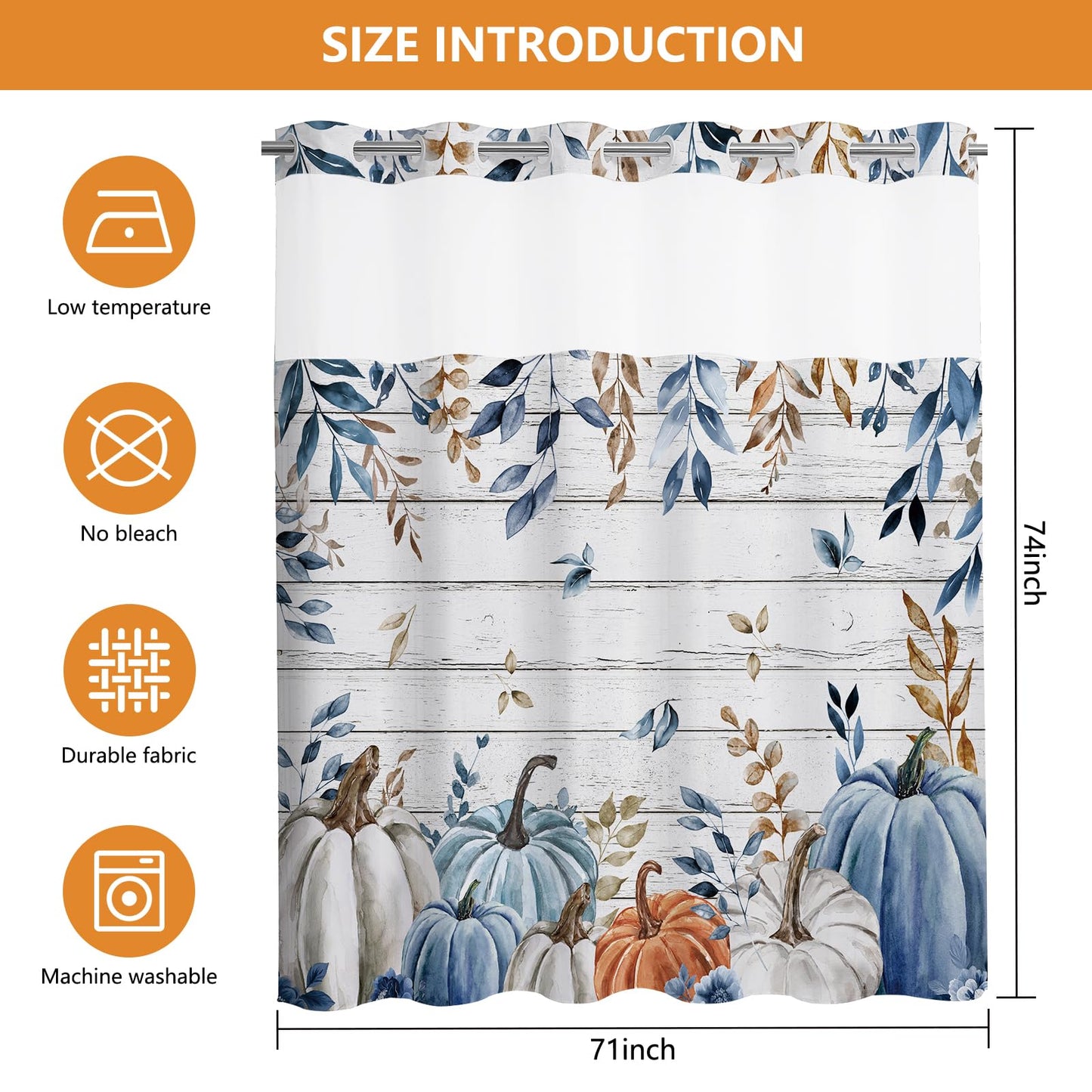MEHOFOND No Hook Fall Pumpkin Shower Curtain with Snap in Liner,Hookless Autumn Watercolor Blue White Pumpkin Shower Curtain,Farmhouse Eucalyptus Leaves Thanksgiving Holiday Bathroom Decor 71x74 in