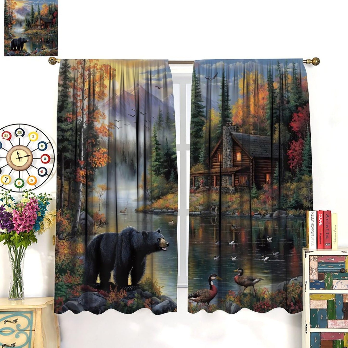LOMADIA Rustic Bear Blackout Curtains, Retro Forest Animal Lake Wildlife Pattern Drapes, Country Cabin Farmhouse Window Treatments Curtain for Kitchen Bedroom Living Room Home Decor 42" W x 45" L