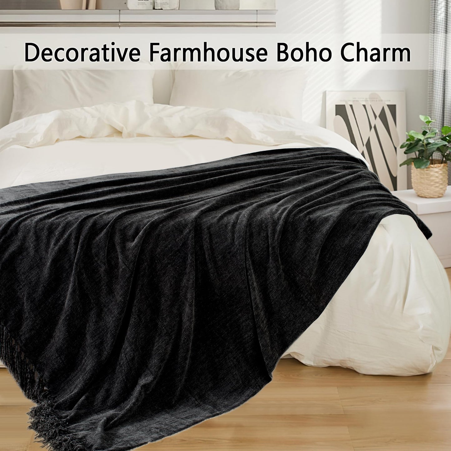 LONG CREATE Chunky Knit Throw Blanket Bundle Chenille Throw Blanket, 50"X 60" Black