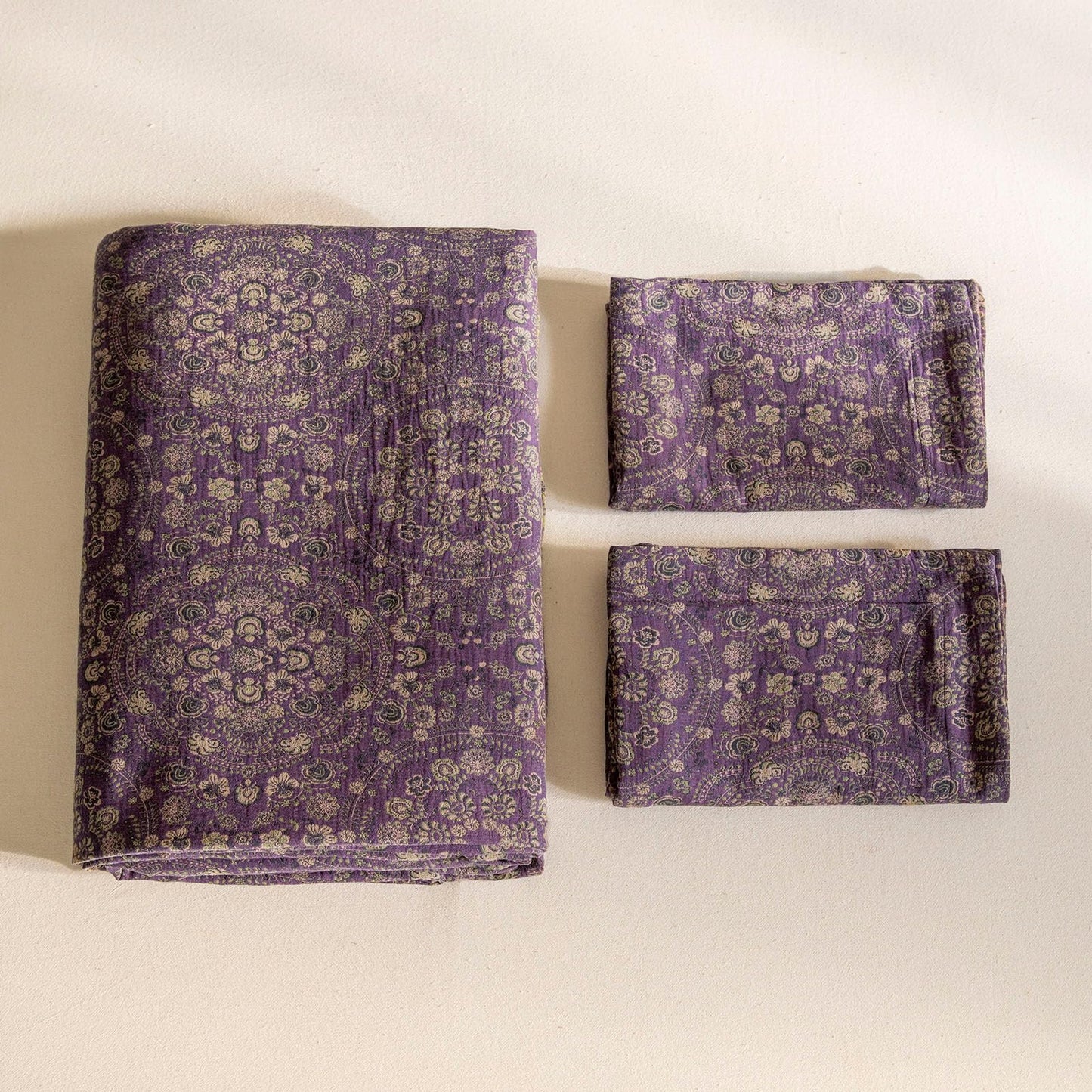 VM VOUGEMARKET Purple Green Duvet Cover Queen,3 Pieces Retro Boho Medallion Jacquard Flower Bedding Set,Linen Cotton Yarn-Dyed Textured Duvet Cover with Zipper Closure