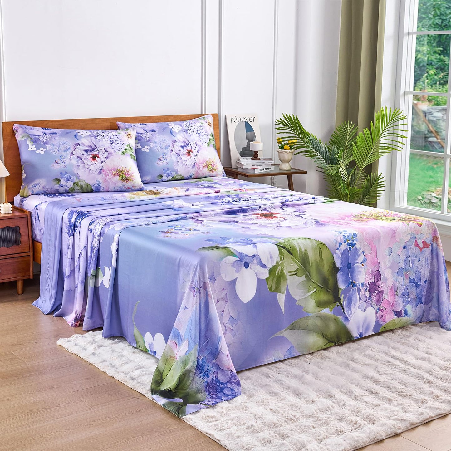YIYEA 100% Viscose Derived from Bamboo Sheets, 600 Thread Count Cooling Bed Sheet Set for Hot Sleepers, Silky Soft, Breathable, 16" Deep Pocket, 3PC, Twin, Floral