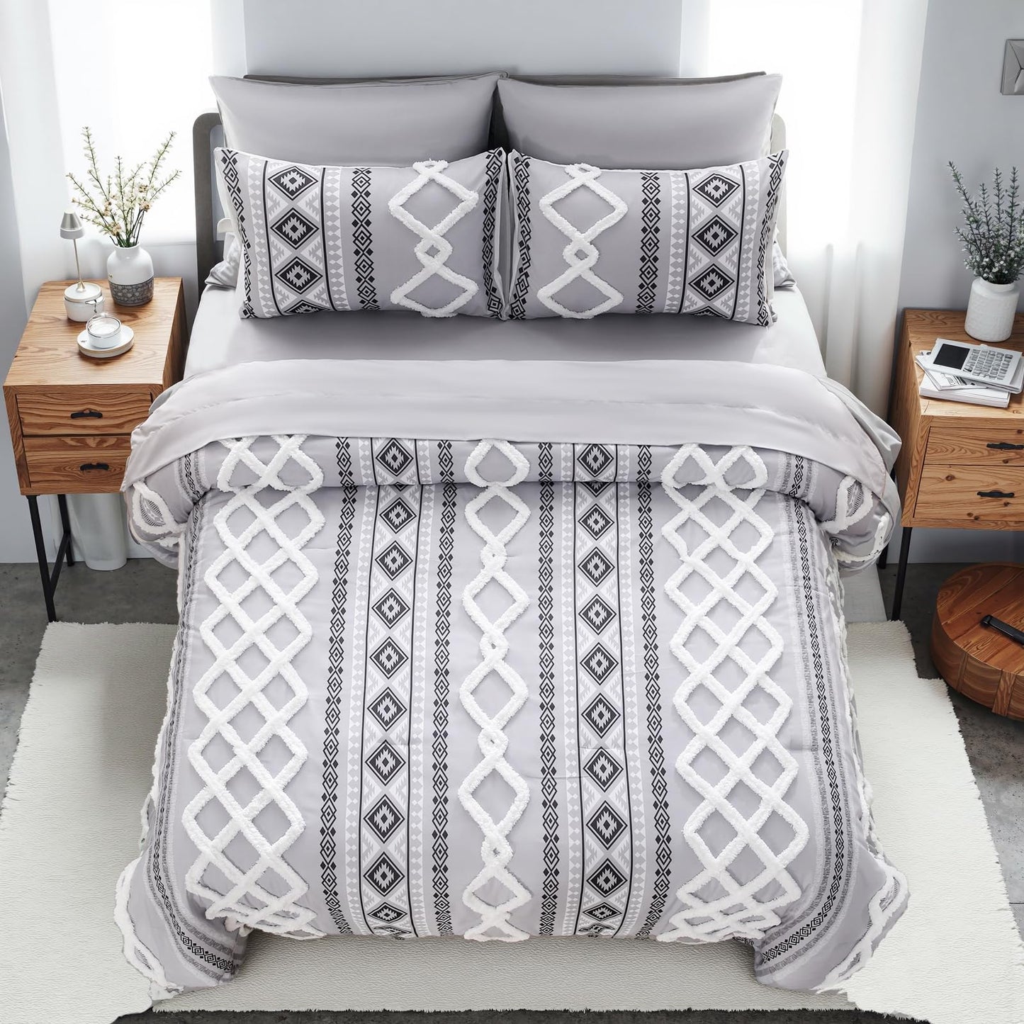MOVE OVER Gray Tufted Comforter Set Queen Size 7 Pieces Bed in A Bag Farmhouse Bedding Comforter Sets Boho Aztec Sheet Set and Comforter Set Modern Boho Tufted Bedding Set for All Seasons