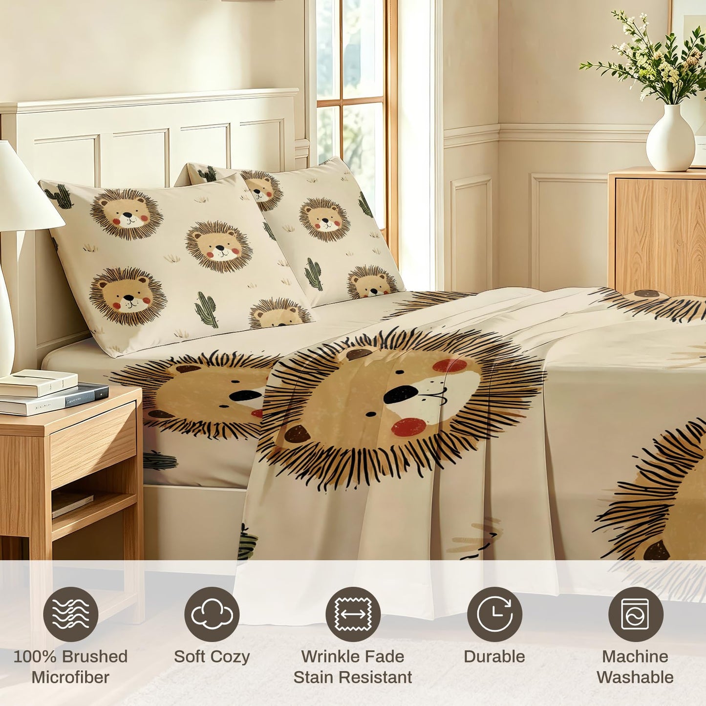 Cute Lion Sheet Set, 3 Pcs Twin Size Kids Wildlife Bed Sheets