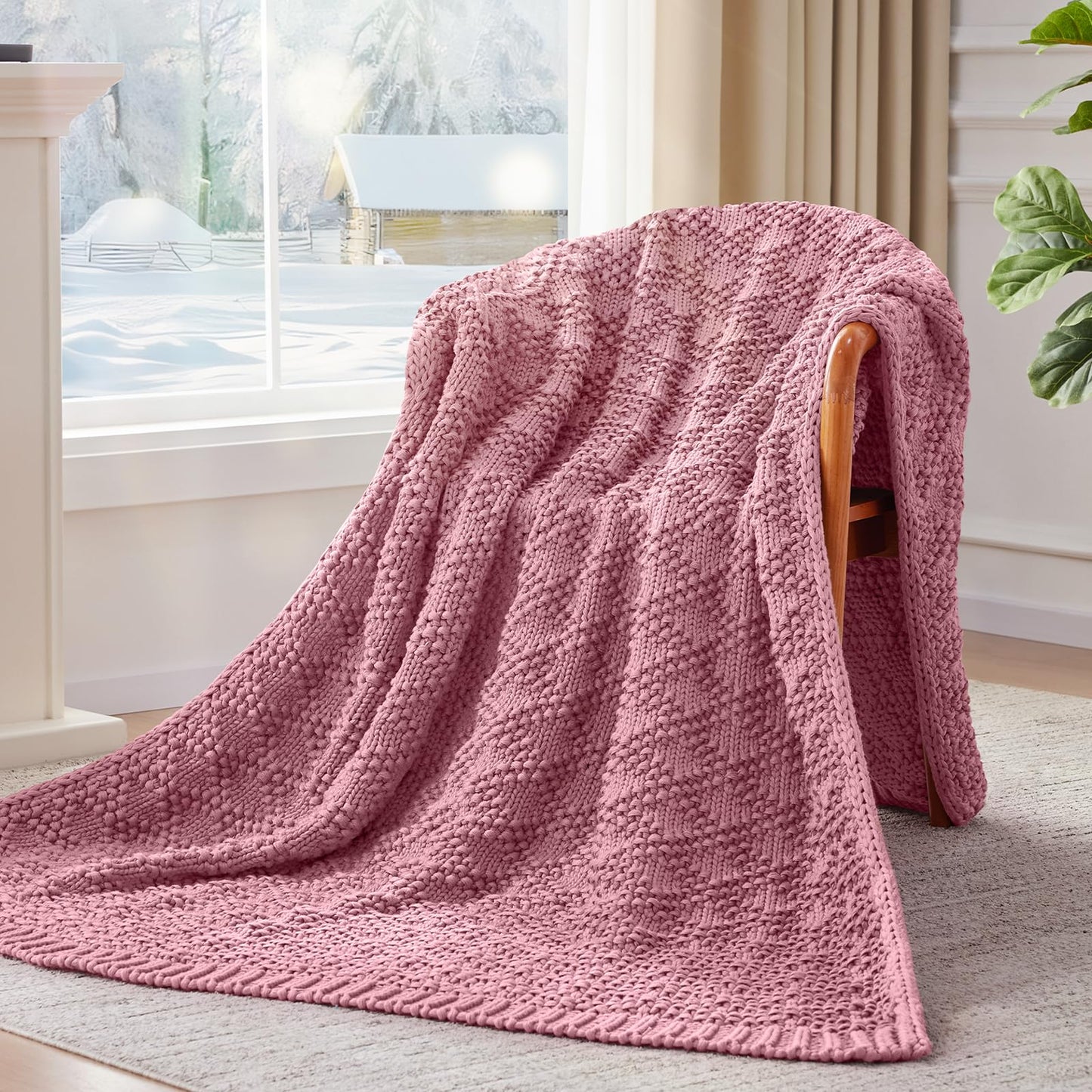 Anysay Knitted Weighted Blanket for Adult, Chunky Knit Weighted Throw for Sleep 60"*80" 20lbs, Cooling Breathable Machine Washable Heavy Blanket for Room Decor (Pink, Queen)
