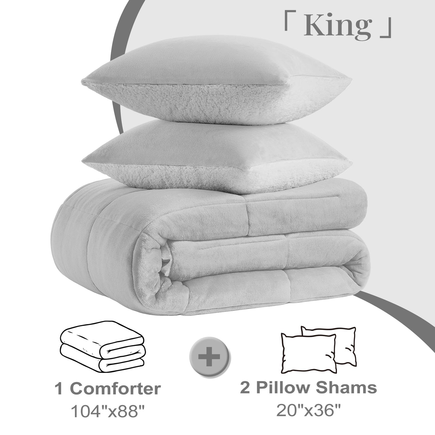 Basic Beyond King Size Comforter Set - Thick Fleece Sherpa Comforter Set for Winter, Soft and Fuzzy Bedding, Grey, 104"x88"