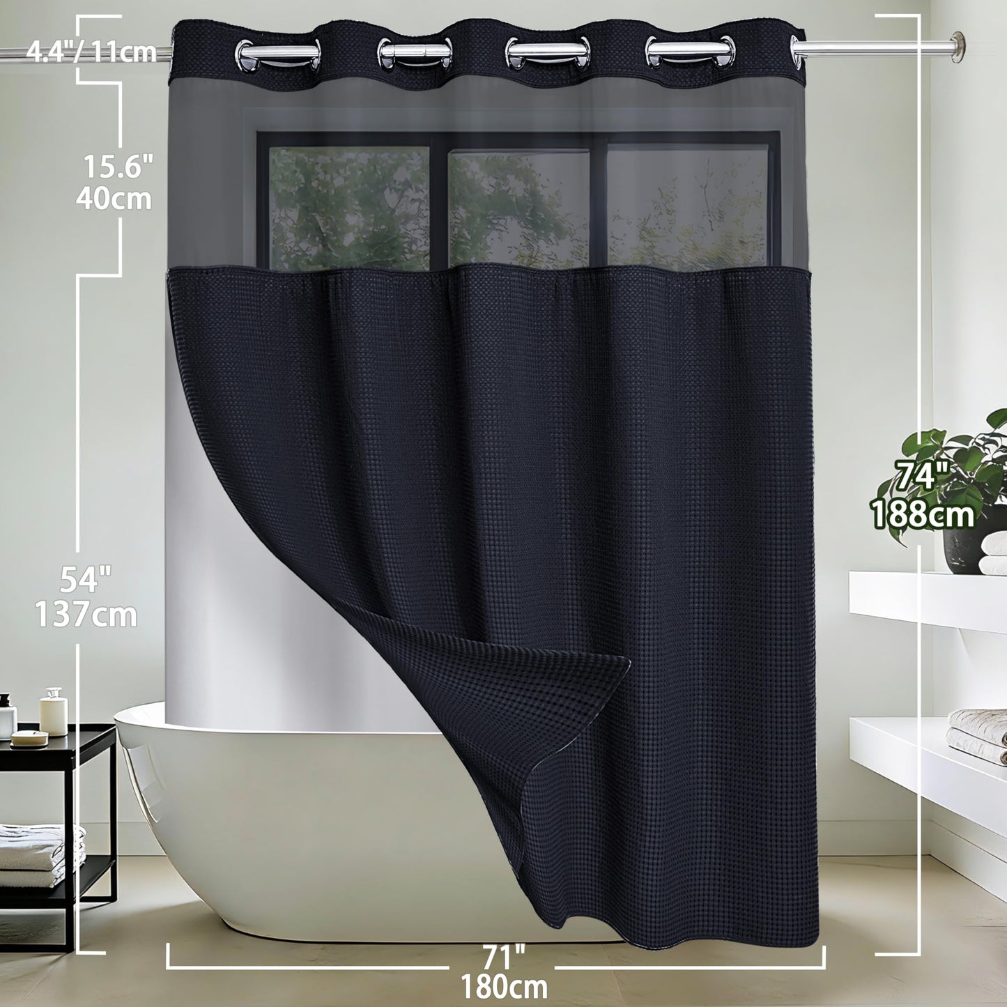Conbo Mio No Hook Waffle Weave Shower Curtain with Snap in Liner Set, Hotel Luxury Black Shower Curtains for Bathroom with See Through Top Window, Waterproof, Washable 71W x 74H