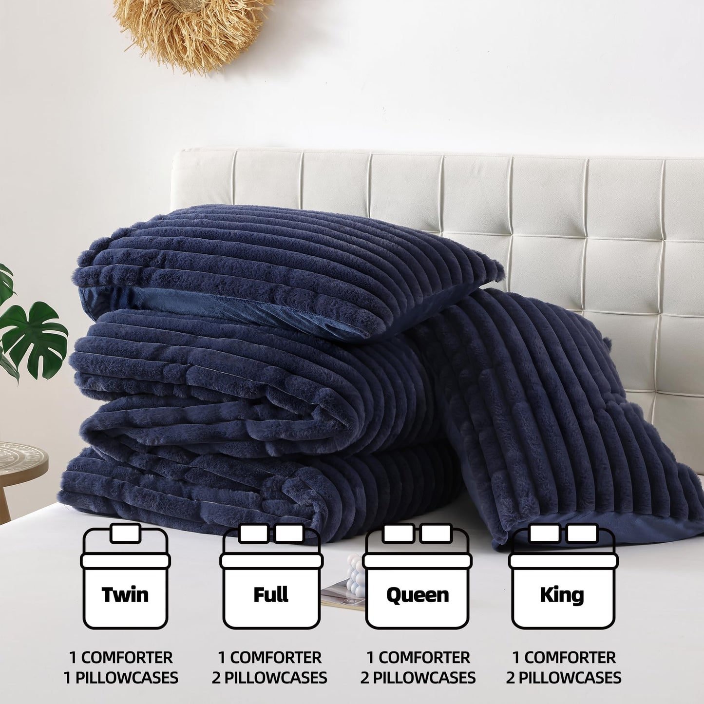 Smoofy Fluffy King Size Comforter Set 3 Pieces - Navy Blue Fleece Fluffy Comforter Set, Luxury Fuzzy King Bedding Set, Soft King Bed Set All Season, Heavy Faux Fur Comforter with 2 Pillow Cases