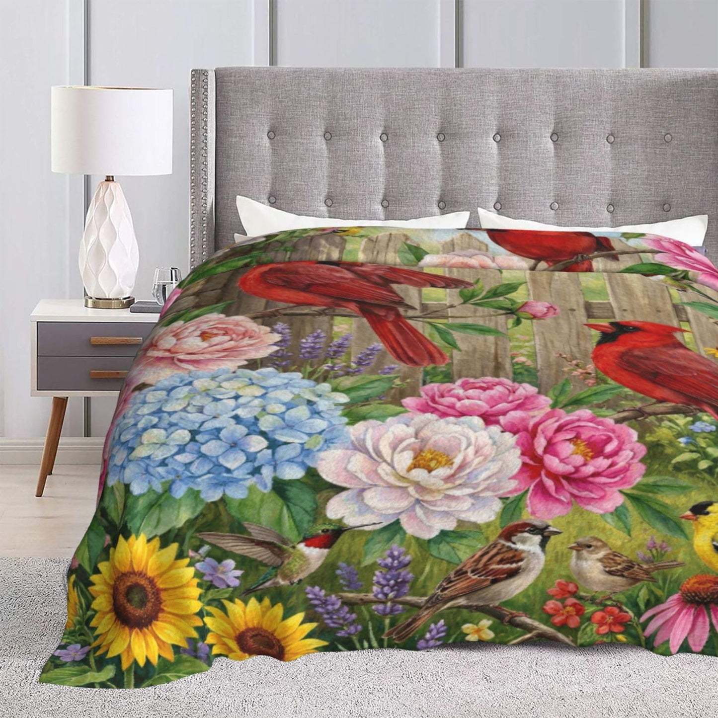 Gbuzozie Rustic Cardinal and Sunflowers Fleece Blanket Lightweight Ultra-Soft Spring Summer Flowers Birds Throw Blanket for Sofa Couch Bed Camping Travel - Super Soft Cozy Microfiber Blanket 50"X40"