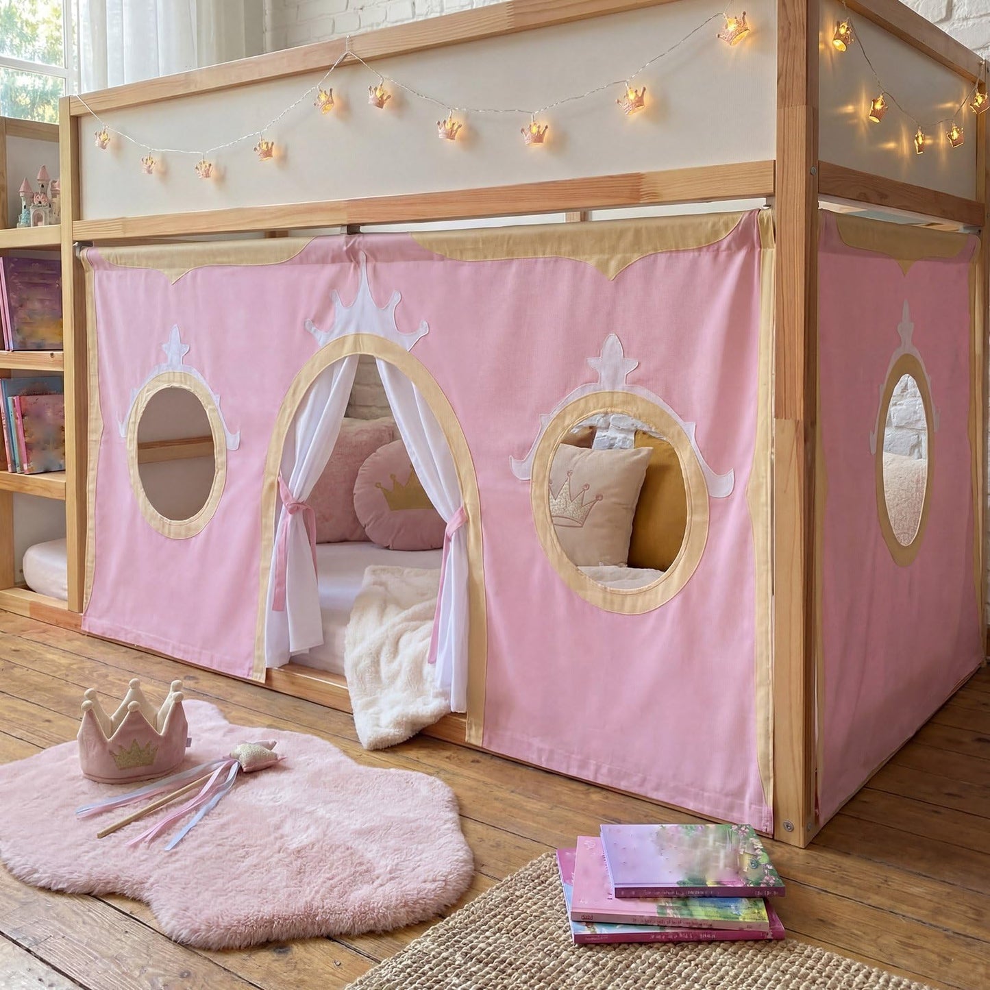 Hahafelt Low Bunk Bed Curtain Set - 2 Panel 59" 38" Underbed Peachskin Playhouse Loft Bed Privacy Play Curtains for Kids Bedroom Decoration Gift(Princess,Pink)
