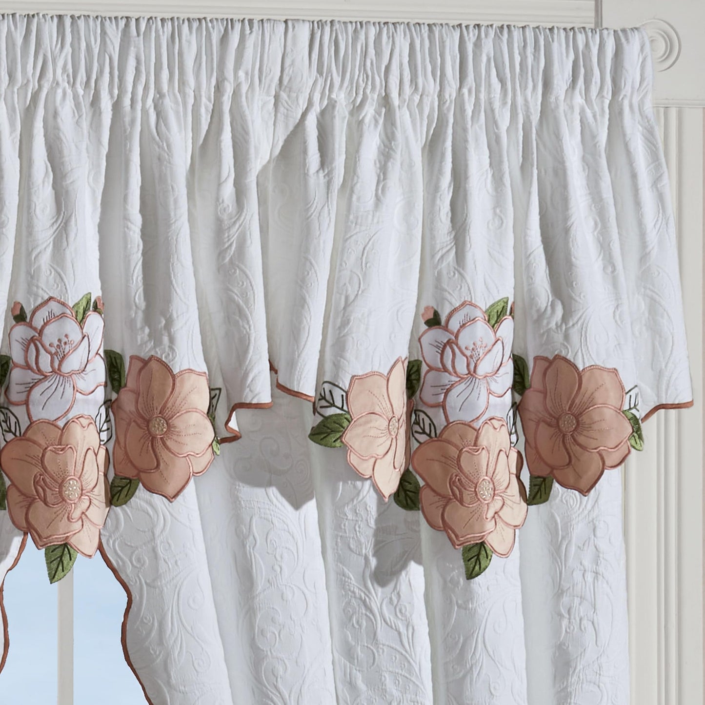 Lovington Floral Luxury Matelasse Window 3 Ascot Valances & Curtains Set