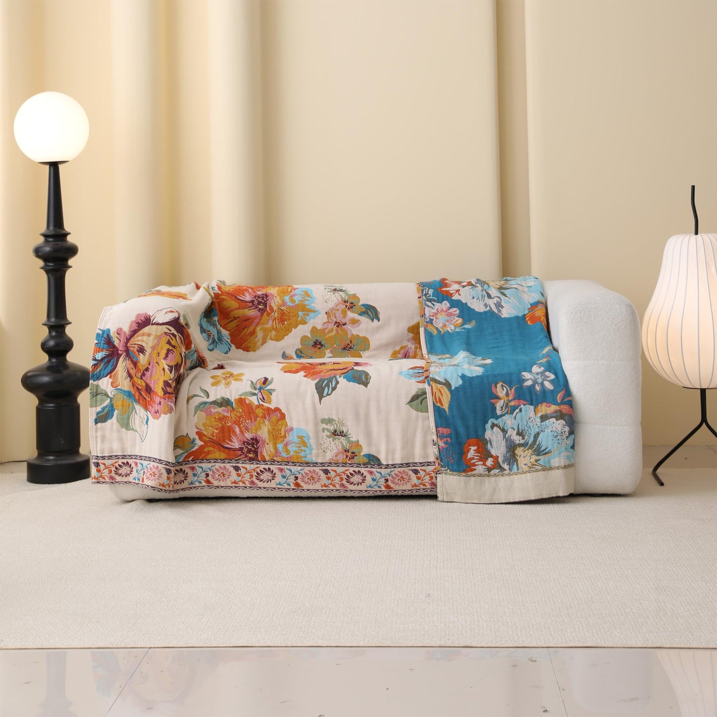 BRYALIX 100% Cotton Muslin Throw Blanket, Orange Floral Pattern, Lightweight Quilt, Boho Farmhouse Decorative Fringed Reversible Jacquard Throw for Home, Picnic, Travel, 60"x80"