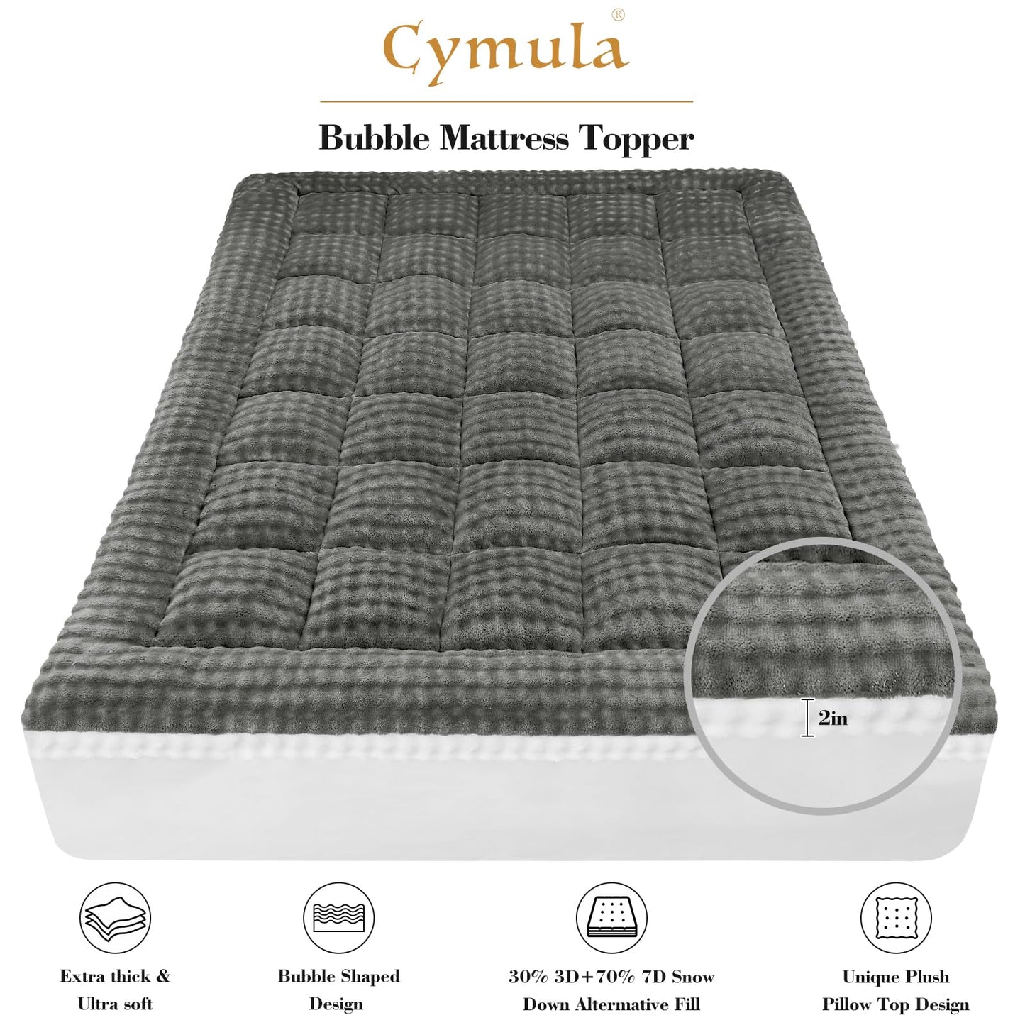 Cymula Full Size Mattress Topper for Winter Fleece Bubble Pillow Top Mattress Pad with 8-21 Inch Elasticated Deep Pockets, Plush Down Alternative Fill Warm Fuzzy Mattress Protector, Grey
