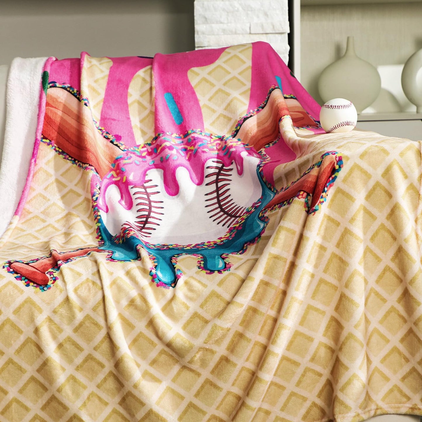 Tegeme Baseball Drip Ice Cream Blanket Pink Baseball Drip Ice Cream Throw Blanket Warm Ultra Soft Flannel Blankets for Bed Travel Sofa Living Room Decoration Gifts, 50" x 40"