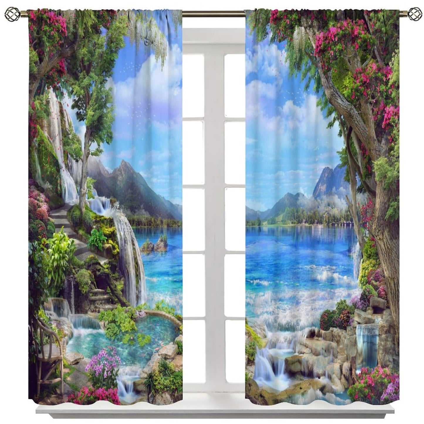 Forest Landscape Curtains, Nature Waterfall Scenery Floral River Falls Style Window Drapes, for Living Room Bedroom 42" W X 45" L (Decorative)