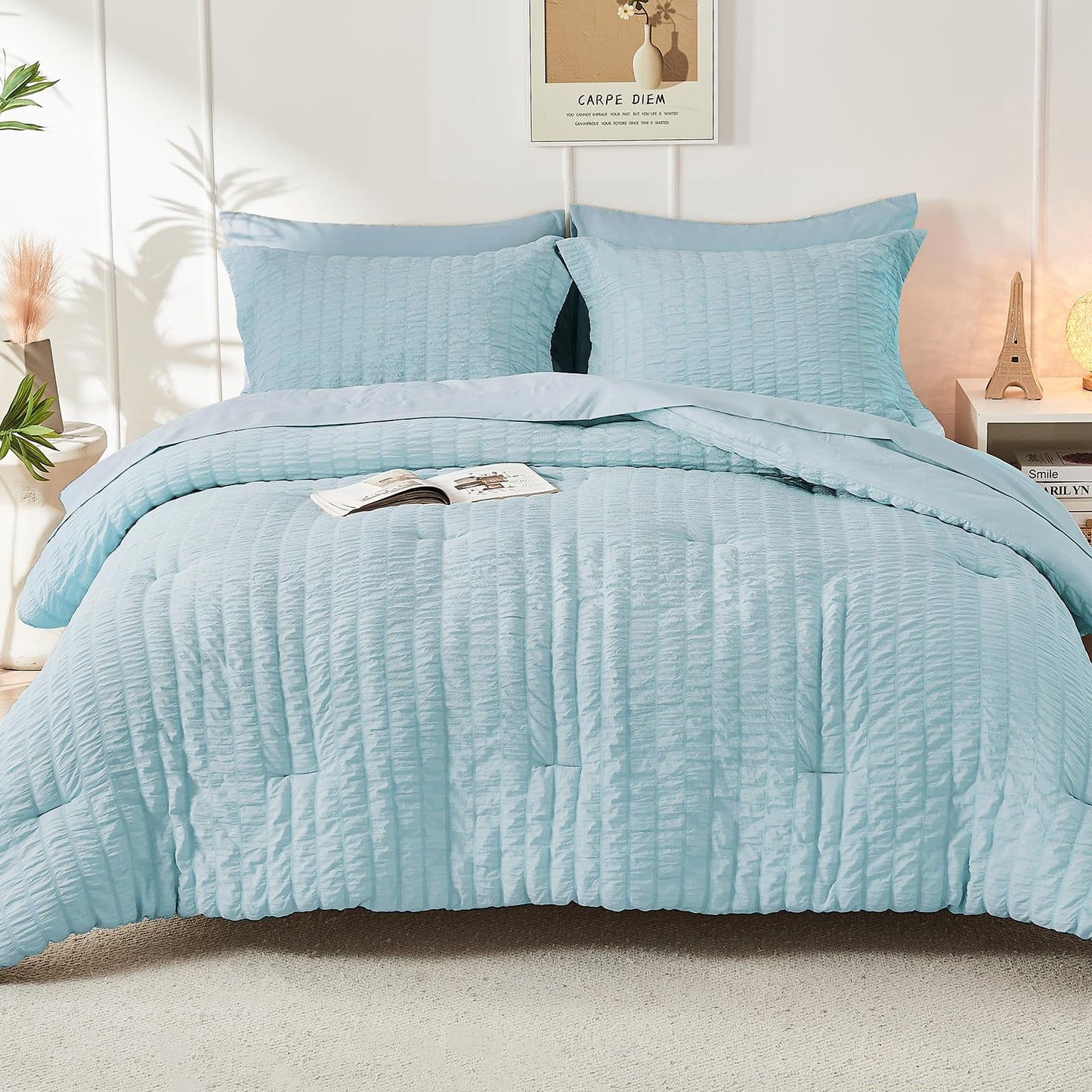 HYMOKEGE Lake Blue Oversized Queen Comforter Set Seersucker 7 Pieces, All Season Luxury Bed in a Bag for Bedroom, Bedding Set with Comforter, Sheets, Pillowcases & Shams
