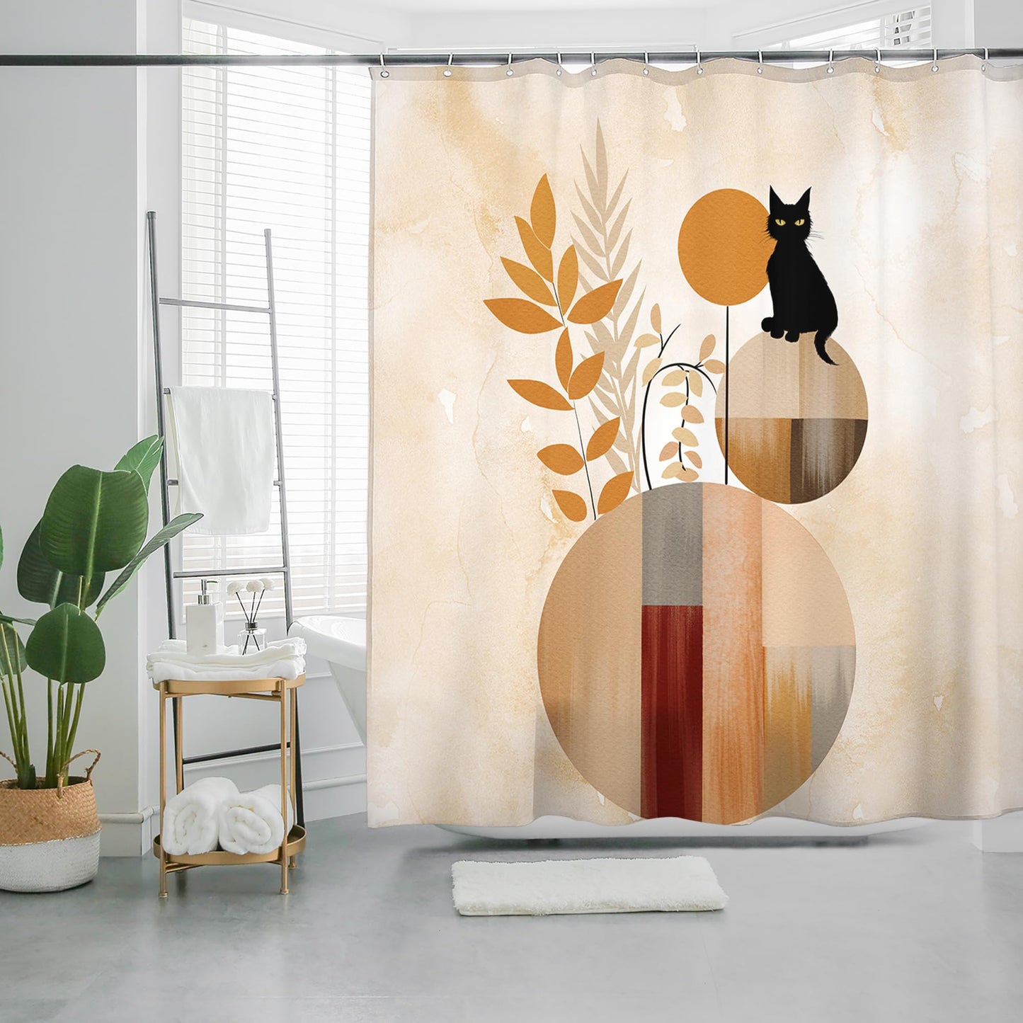 HMS Happy Memories Bohemian Plant Boho Floral Print Shower Curtain, Polyester Fabric Cloth for Bathroom Decor 72×72 Inch Standard Size with 12 Hooks, Also as Room Divider (Leaf Cat)