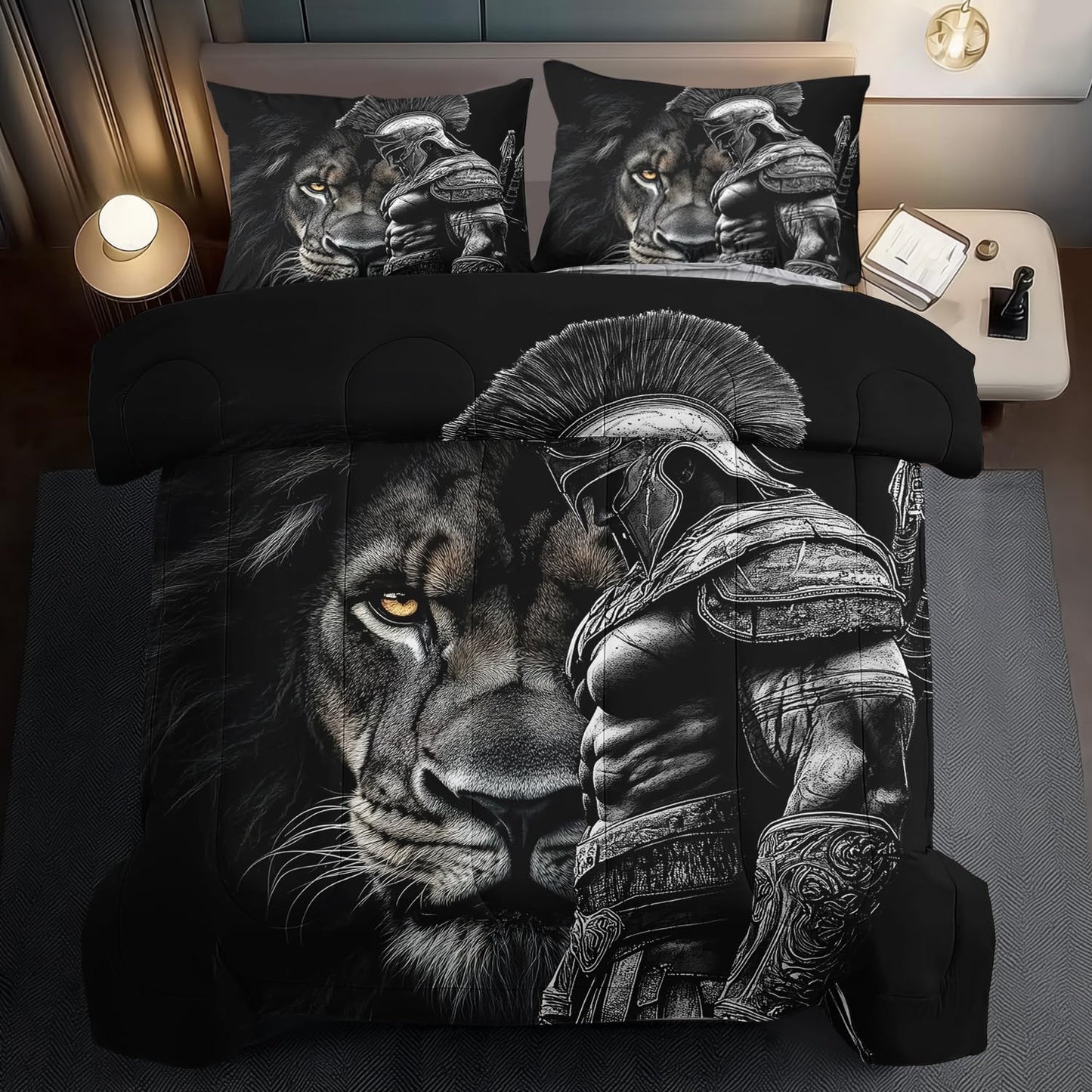 llyxsesty Black Lion Comforter Set Queen Boys Medieval Knight Bedding Set for Teens Animal Comforter Queen Man Quilt Lion Bedroom Decor Medieval Bedding Tiger Bed Decor