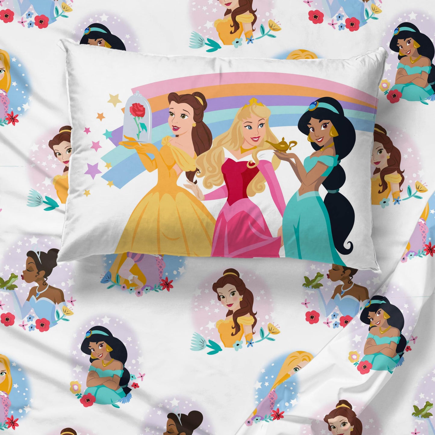Sunny Side Up Disney Princess Twin Sheet Set - 3 Piece Kids Bedding Set Includes Pillow Cover – Super Soft Rainbow Microfiber Sheets Features Moana, Belle & Rapunzel