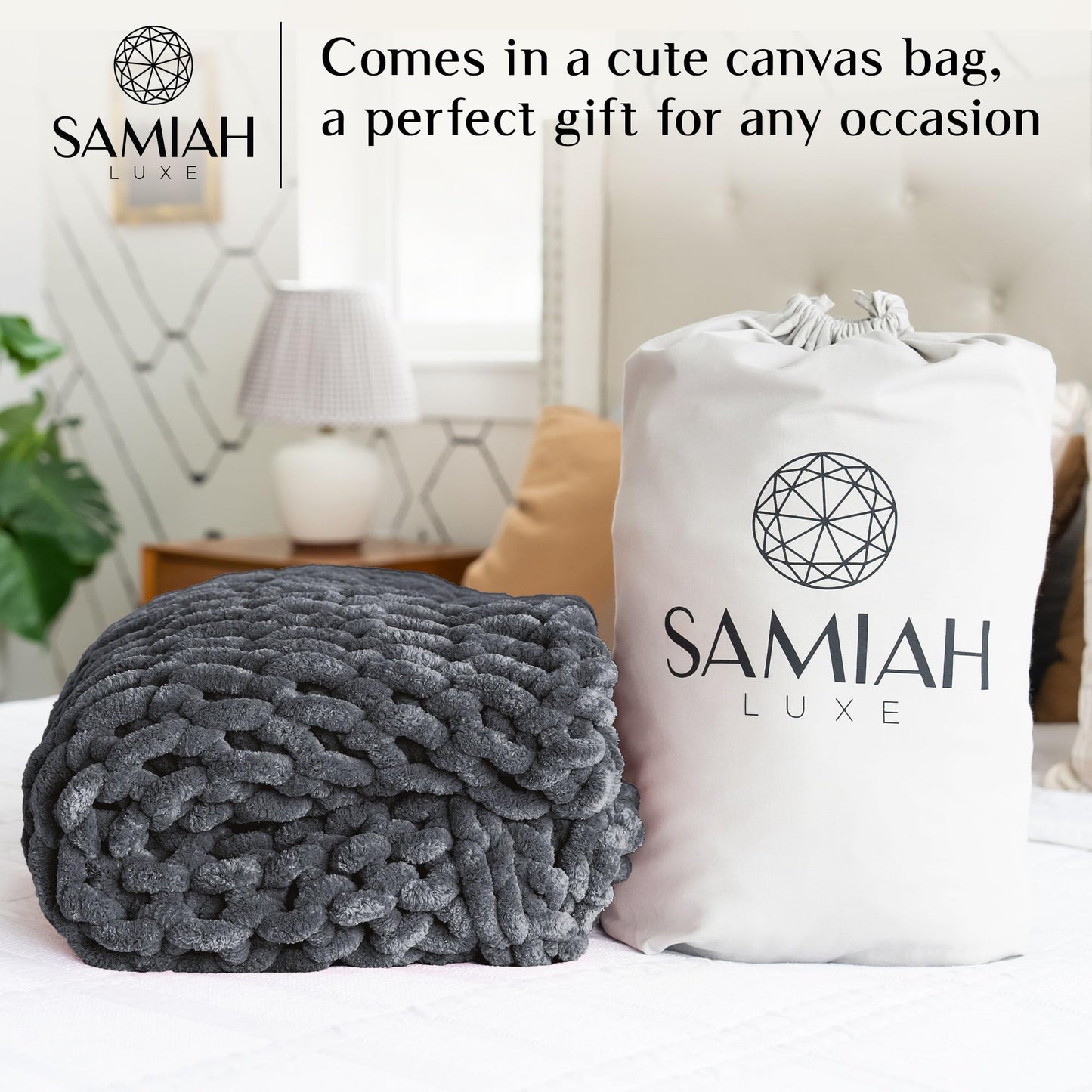 SAMIAH LUXE Chunky Knit Throw Blanket 50x60, Graphite Gray Chenille Throw Blanket for Couch Bed Sofa, Soft Fluffy Cable Knit Blanket, Oeko-TEX Certified, Machine Washable