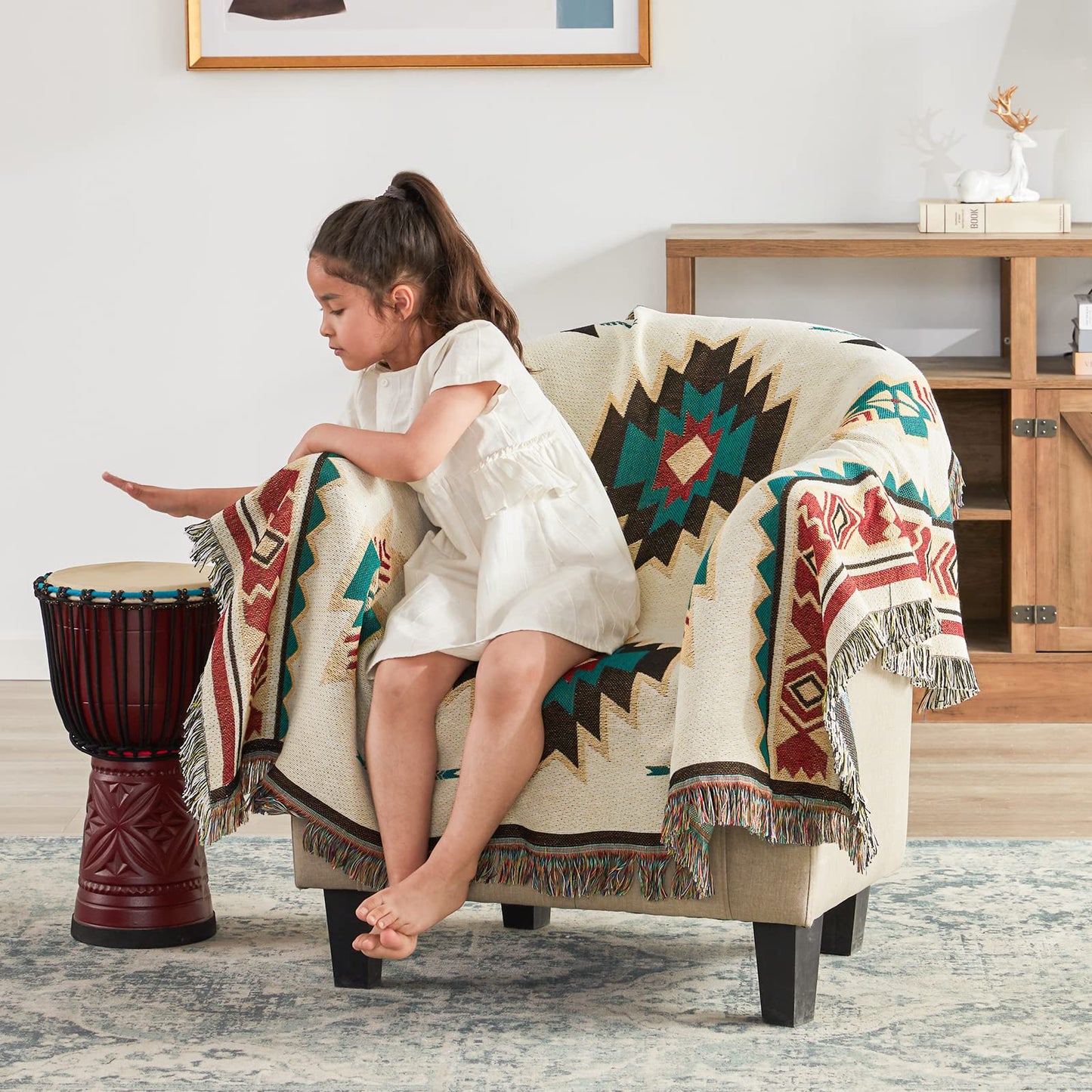 Touchat Native American Blanket Western Decor Boho Throw Blanket for Sofa, Mexican Decorative Farmhouse Blanket, Southwest Decor Woven Blankets, Aztec Throw Blankets with Tassel(Beige,50×60 inch)