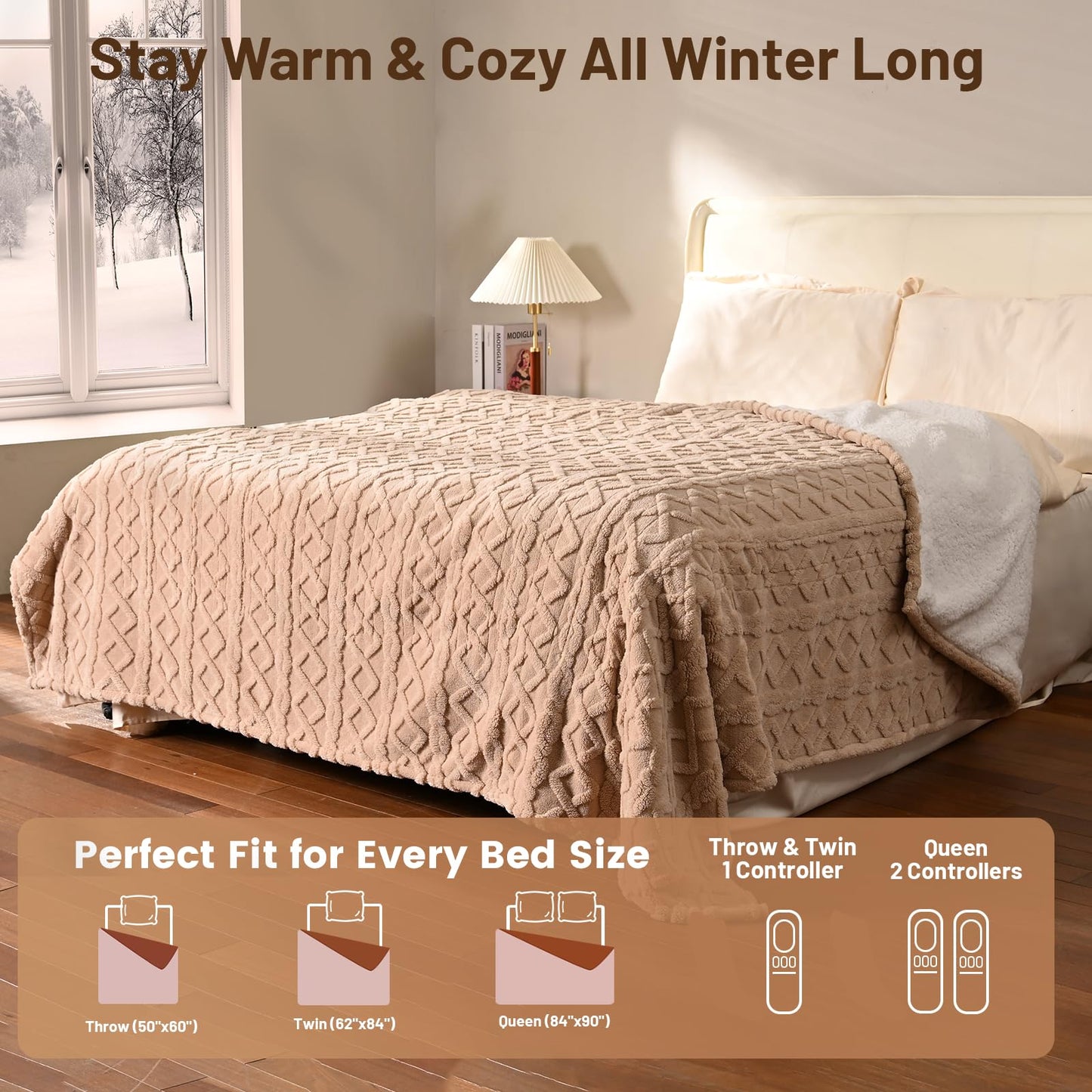 Heated Blanket Electric Queen Size - 84"x90" Electric Blanket with Dual Control, 9 Heat Levels and 1-10 Hours Timer, Soft Jacquard Fleece & Sherpa Washable, Great Gift Idea - Beige