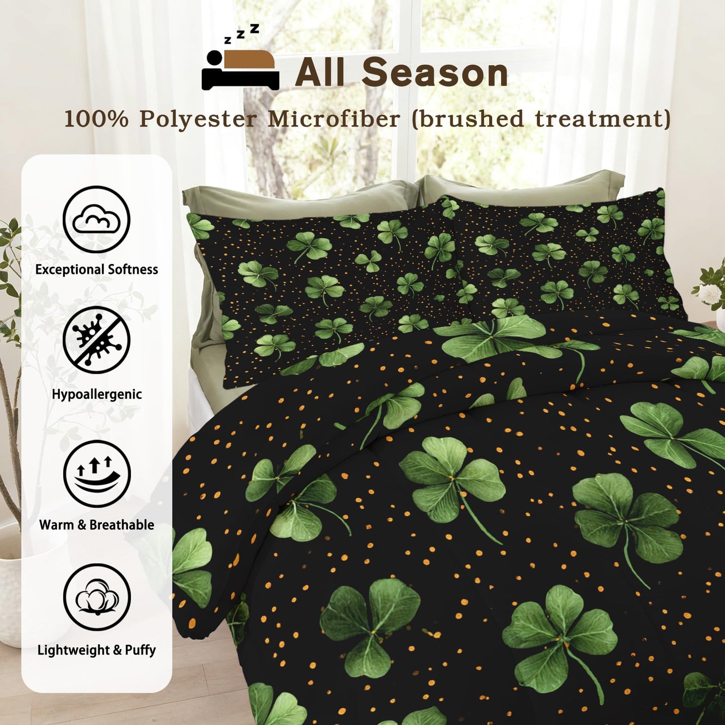 Garden Floral Comforter Set King Size 3Pc, Black Green Leaf Pattern Down Alternative Bed Comforter, 2 Pillow Shams, Soft All Season Bedding, Leaves Bedroom Decor A14