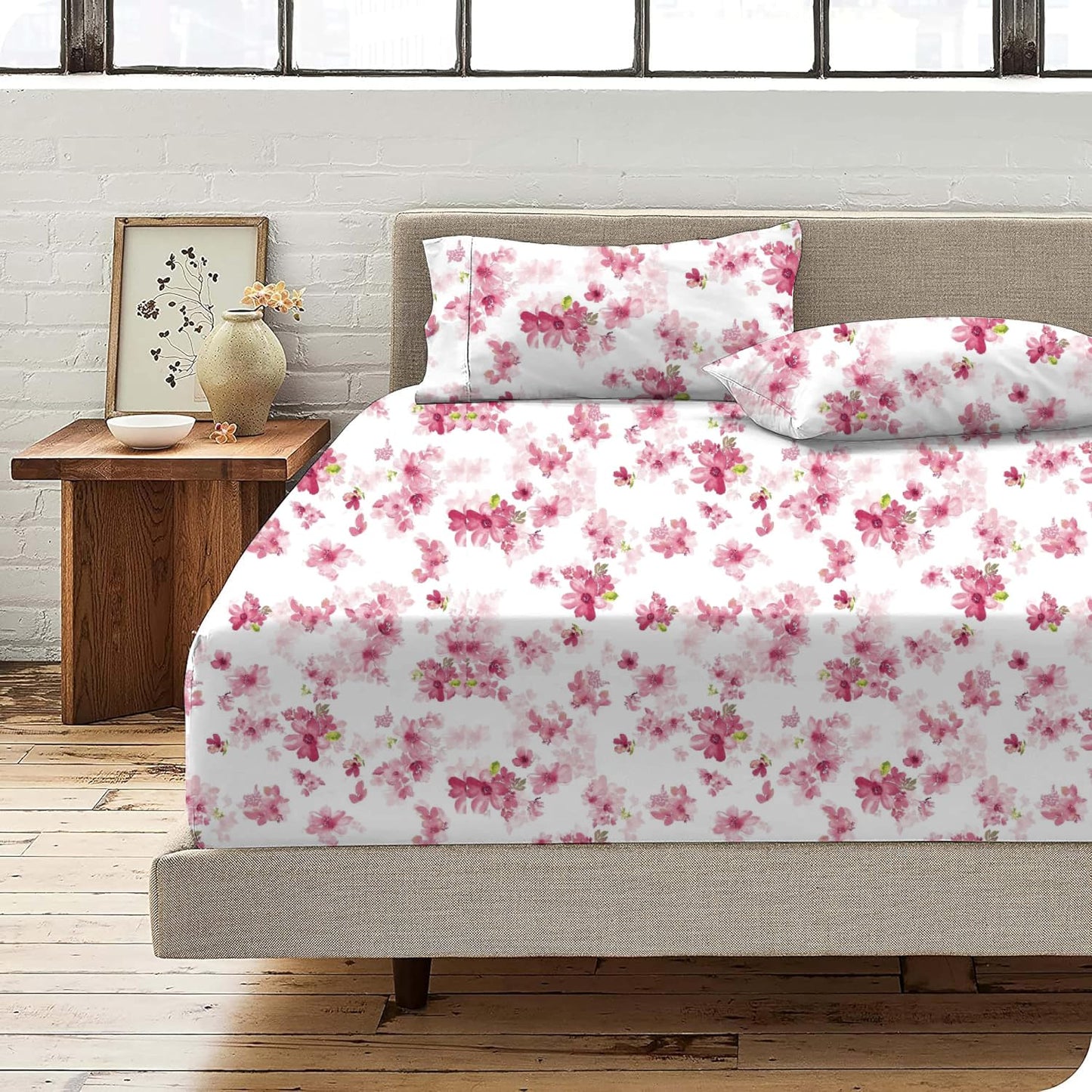 KRISHNA 4 Piece Printed Sheets Set, Hotel Luxury Brushed Microfiber, Soft & Breathable, 12" Deep Pocket Fitted Sheet, Queen Size Sheet Set, Pink Rose