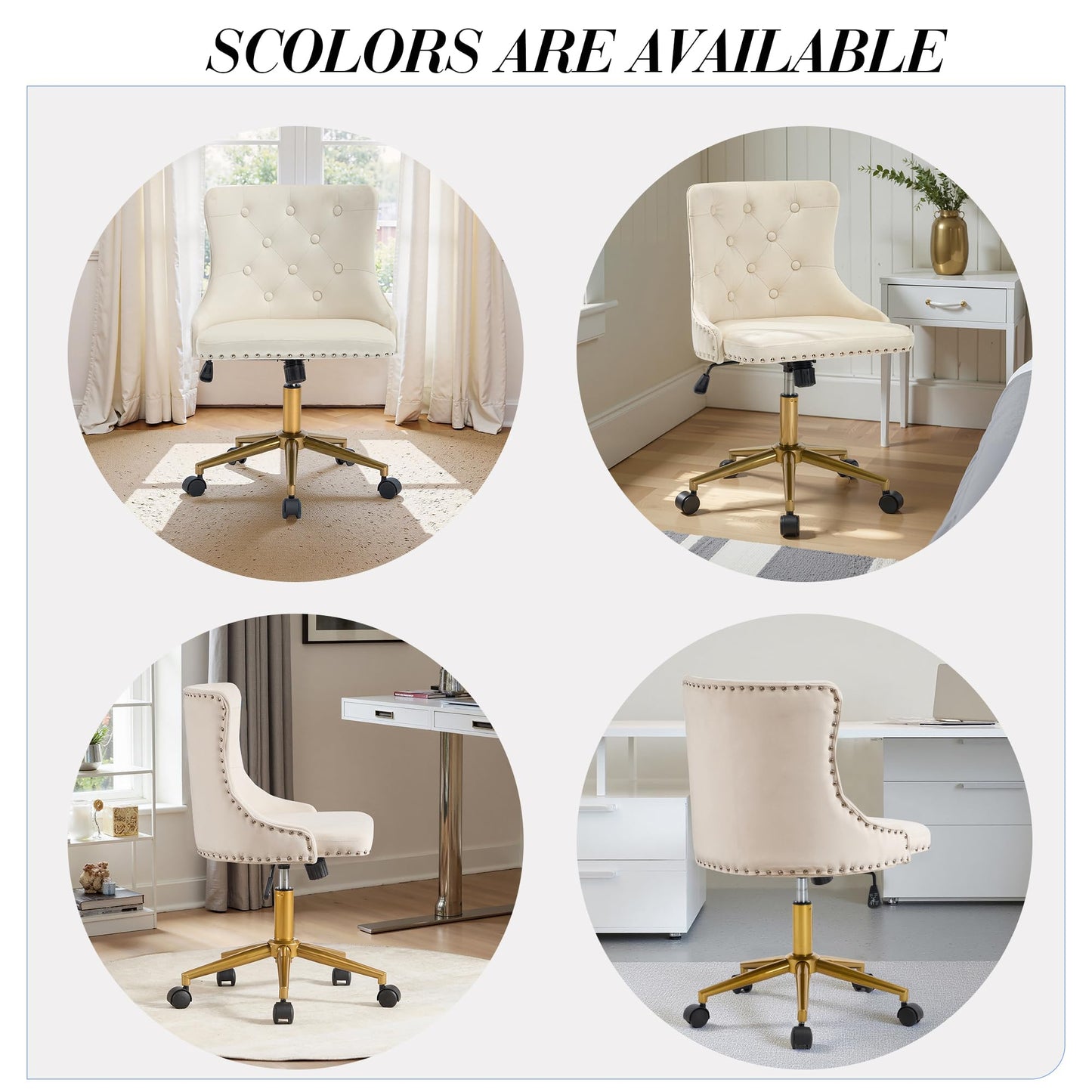 Beige Velvet Armless Desk Chair, Comy Vanity Chair with Rivet and Gold Base