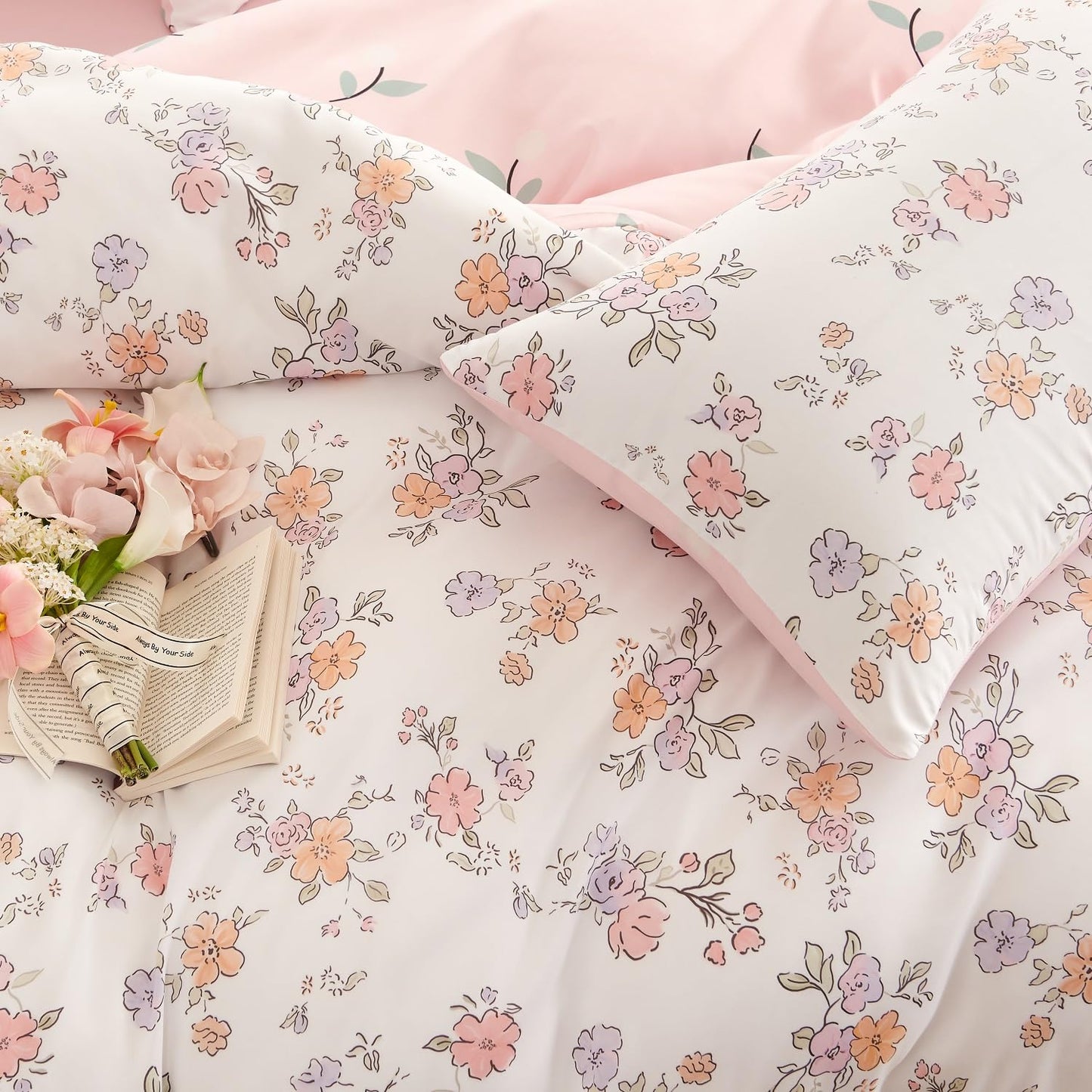 Erwinmu Floral Comforter Set King Size - 3 Pieces Pink White Floral Comforter Bedding Sets Reversible Pattern,King Bed in a Bag with Flowers Comforter and 2 Pillowcases