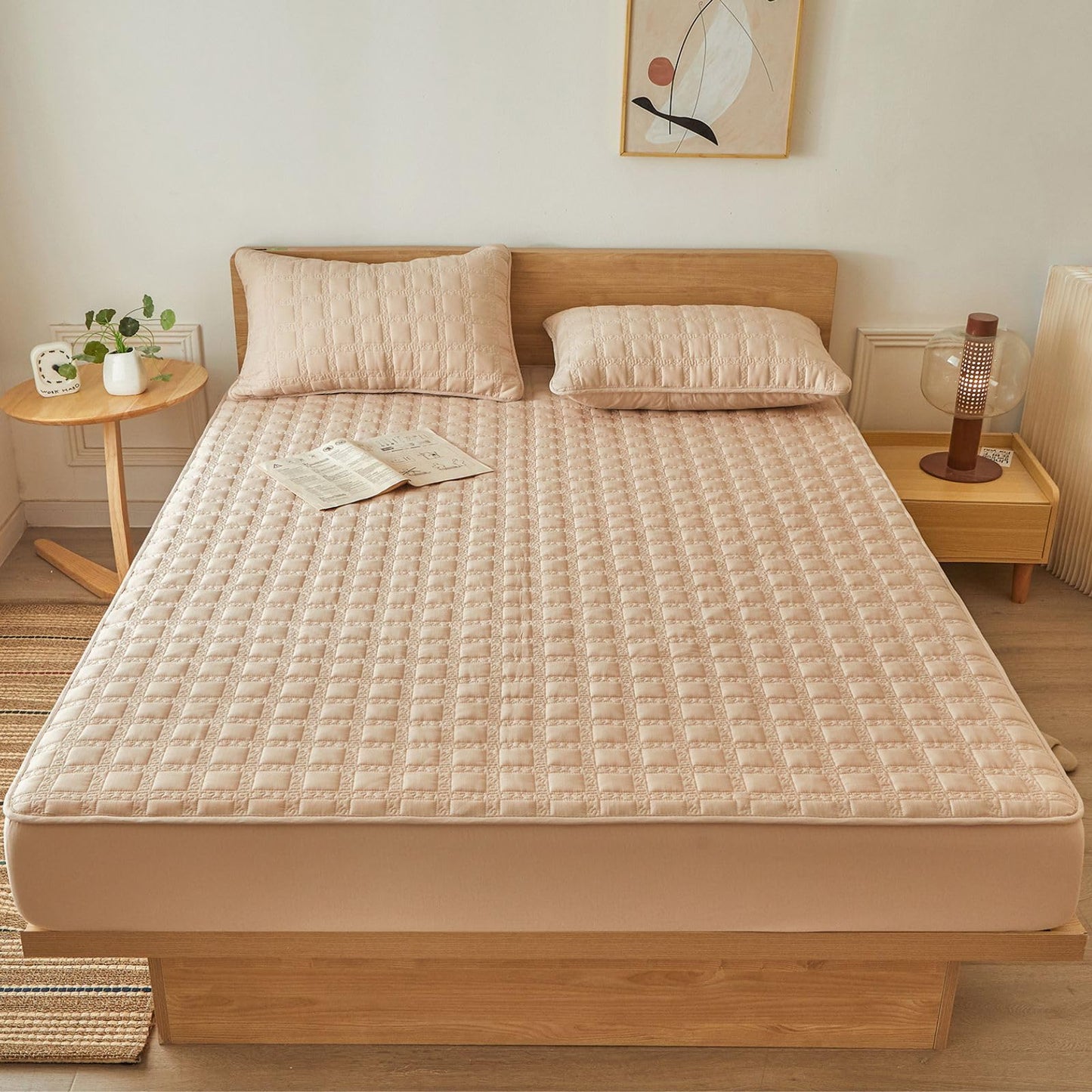 ZIQINPSQ Gingham Fitted Sheet Queen Size, 18" Deep Pocket Breathable Quilted Cotton Bed Sheet, Non-Pilling Wrinkle Resistant All-Season Mattress Cover with Pillowease, Khaki